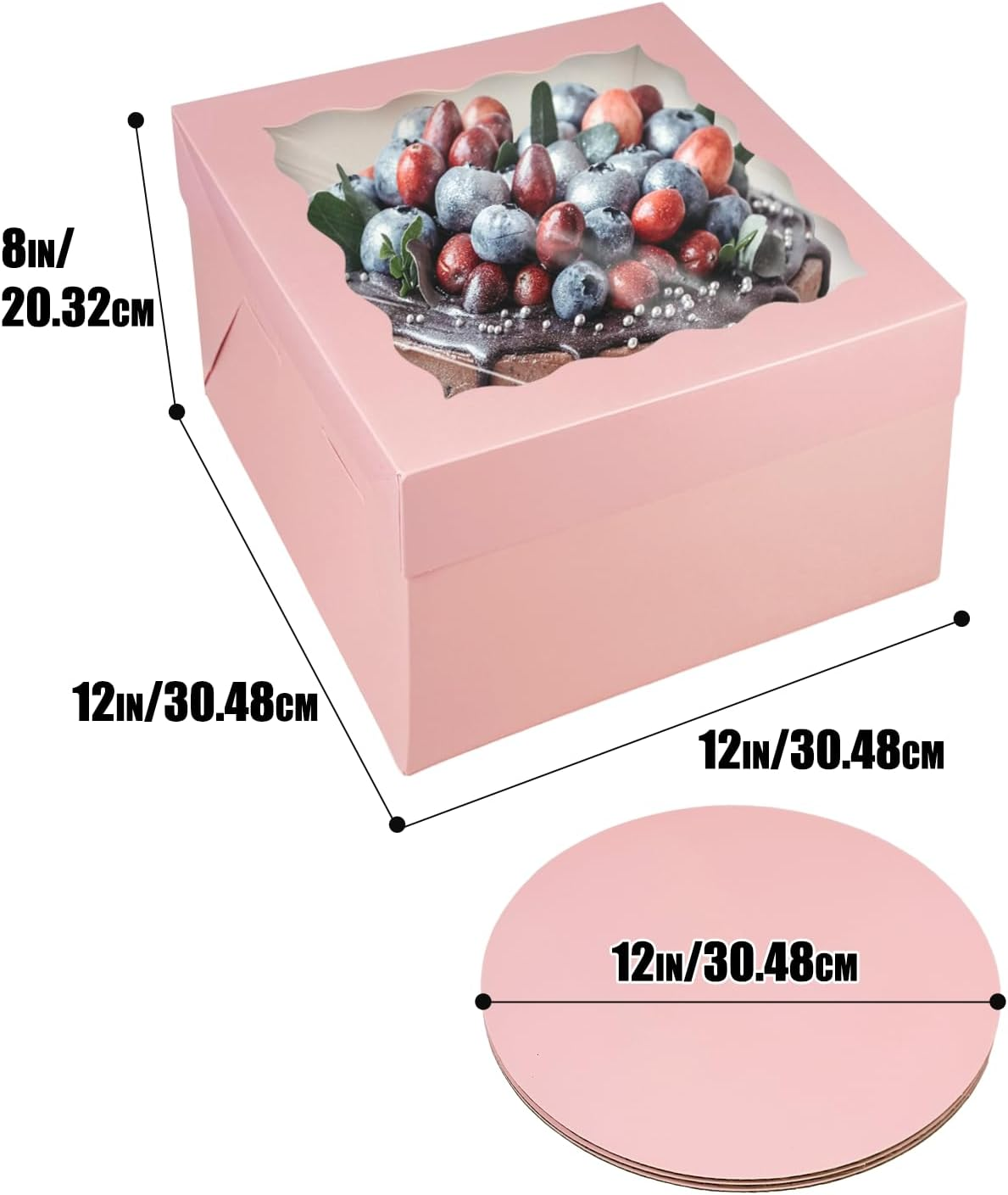 Qiqee 12X12X8 Inch Cake Box, 5 Sets Pink Cake round Boards ＆ 5 Sets 12 Inch Pink Cake Box with Window, Cake Containers(30.48X30.48X20.32Cm) image number 4