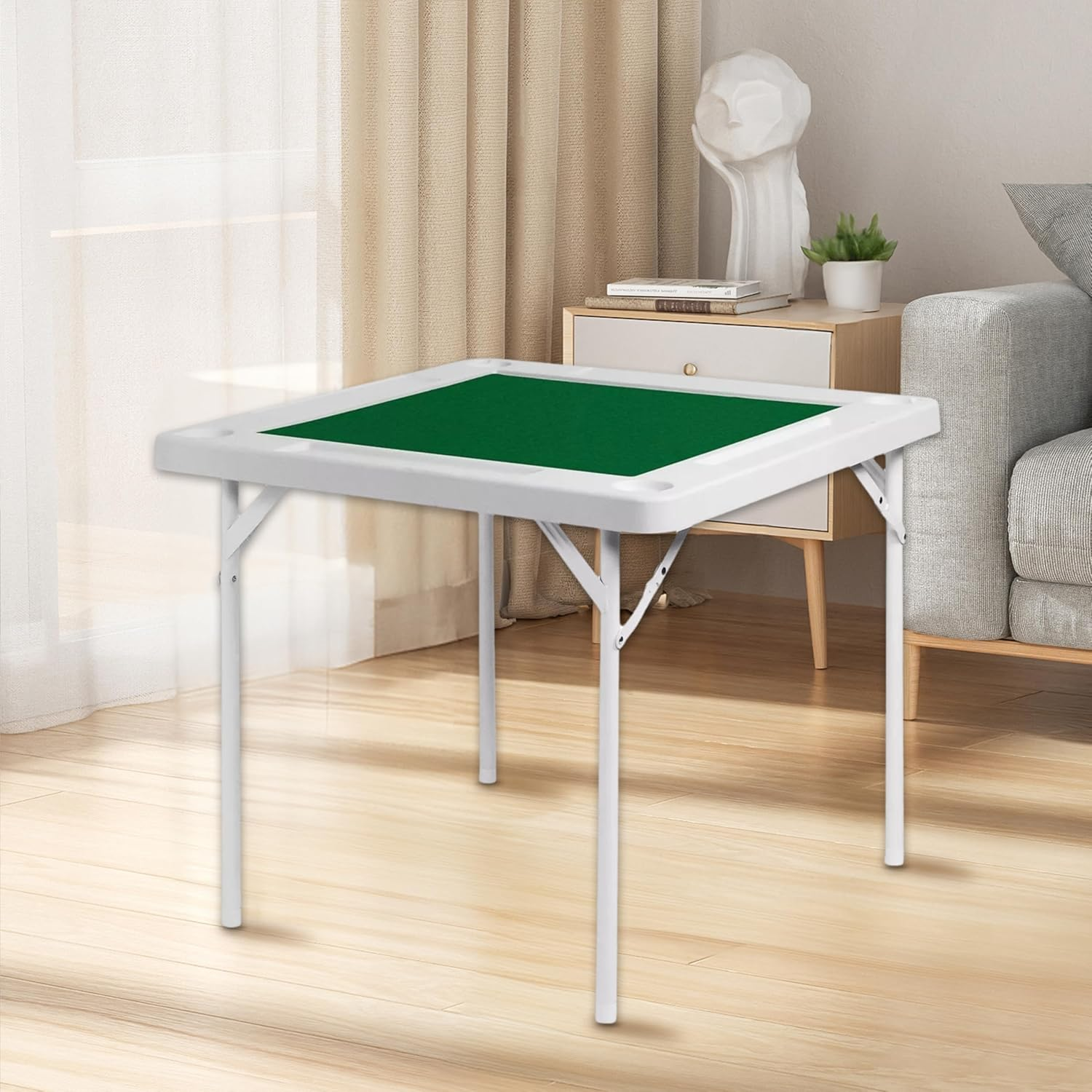 ONEIN Foldable Mahjong Table with Green Surface, Multipurpose Game Table for Mahjong, Poker, and Chess, Portable Table with Iron Frame, Cup Holders & Chip Trays, Space-Saving Design, 90Cm X 90Cm image number 1