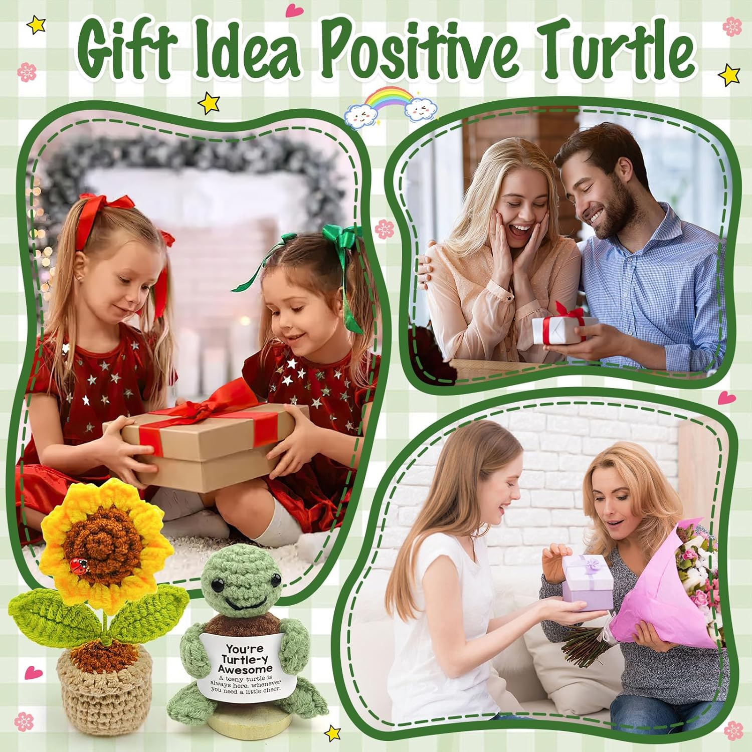 Mini Postive Crochet Funny Gift, 2PCS 3 Inch Cute Crochet Sunflower Pot Desk Decoration Toy with Positive Card for Dad Father Women Mom Best Friend Teacher Fall (Sunflower & Turtles) image number 4