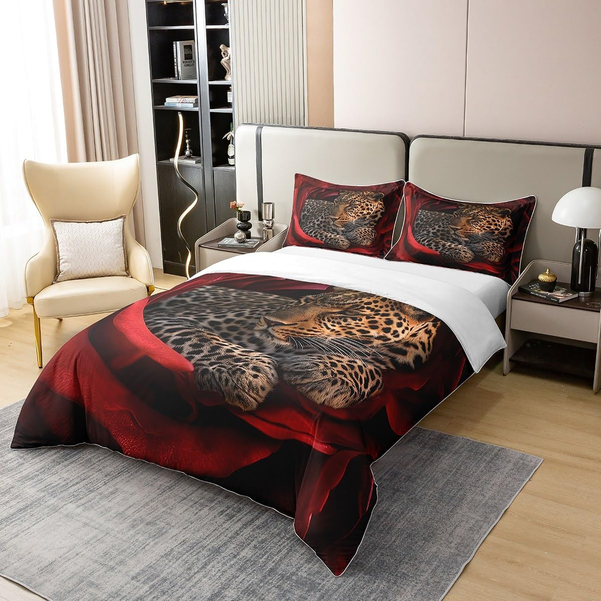 3D Leopard 100% Cotton Comforter Cover, 135 X 200 Cm, Cheetah Bed Linen Set, Leopard Print Rose Duvet Cover, Wild Animal Duvet Cover with 1 Pillowcase for Men Women, Black, Red, Bedroom Decor