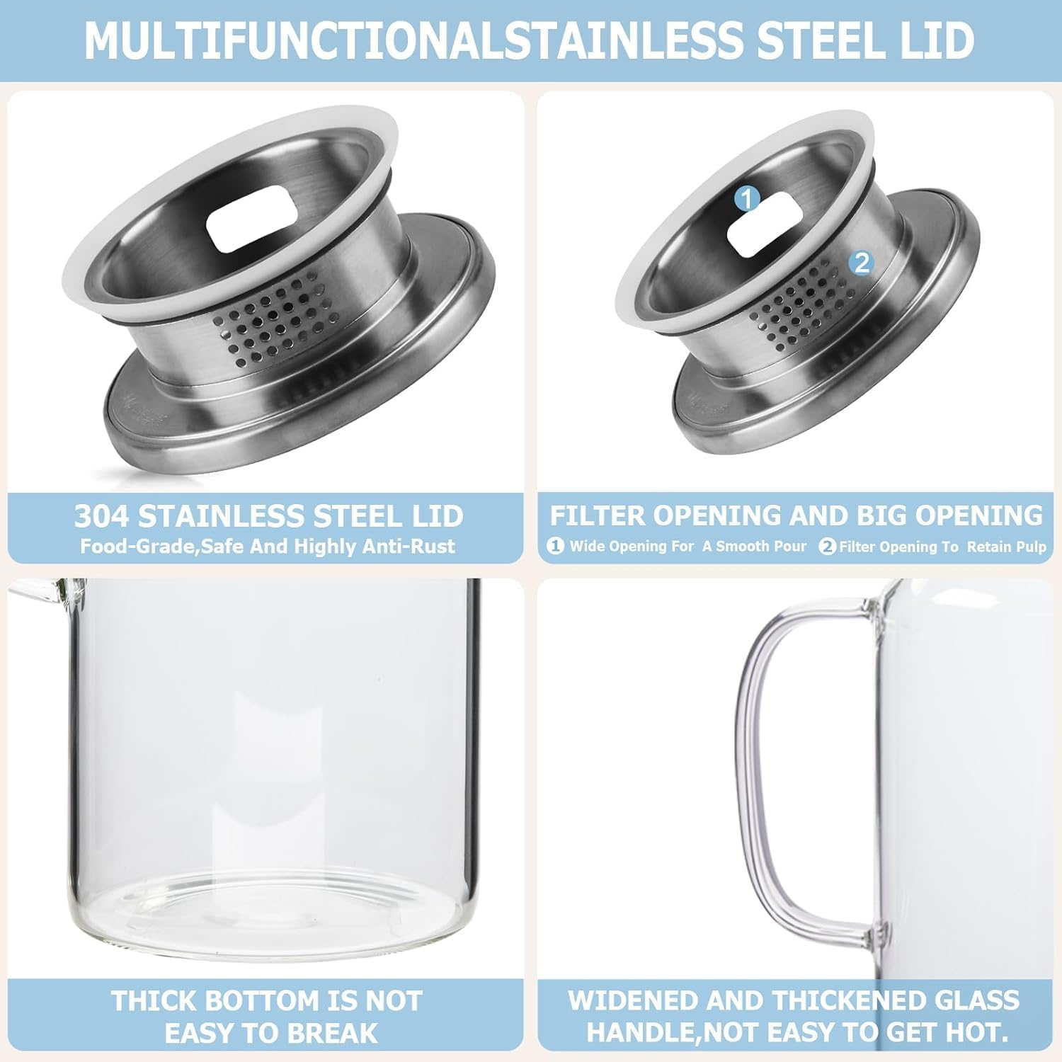 2 Litre 68 Oz G Glass Water Jug with Lid and Handle, Fridge Jug, Iced Tea and Homemade Juice Jug, Heat Resistant Borosilicate Glass Pitcher for Hot/Cold Water. image number 4