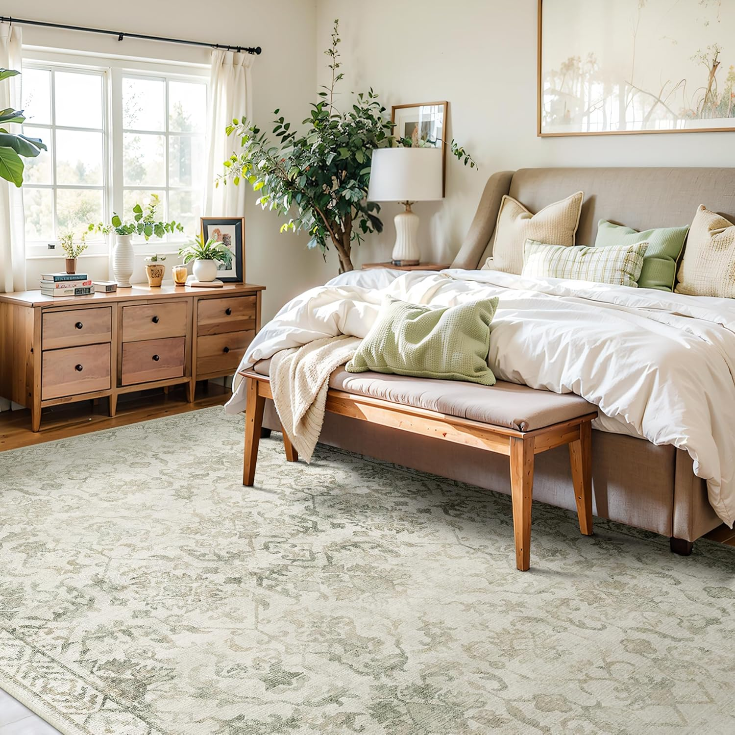 YOUZI Large Vintage Rugs for Living Room, Soft Low Pile Floral Area Rug Washable Non-Slip Boho Oriental Floor Rugs for Bedroom Kitchen Office Dining Room (Lightgreen, 200X300Cm)