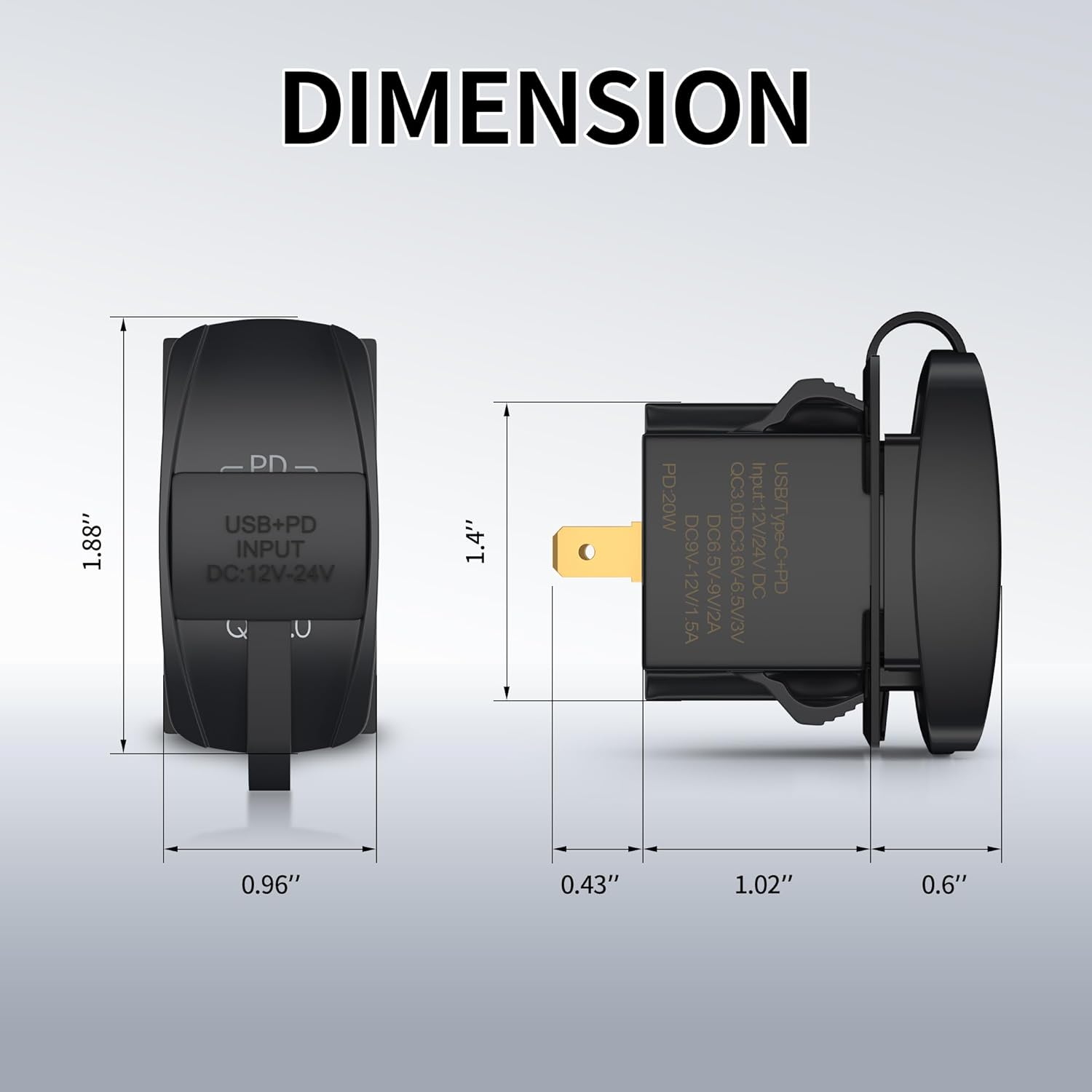 DAIERTEK USB Rocker Switch 12V Waterproof USB C & QC 3.0 Dual Ports Outlet PD Charger Socket for Car, UTV, RZR, RV, Truck, Marine image number 4