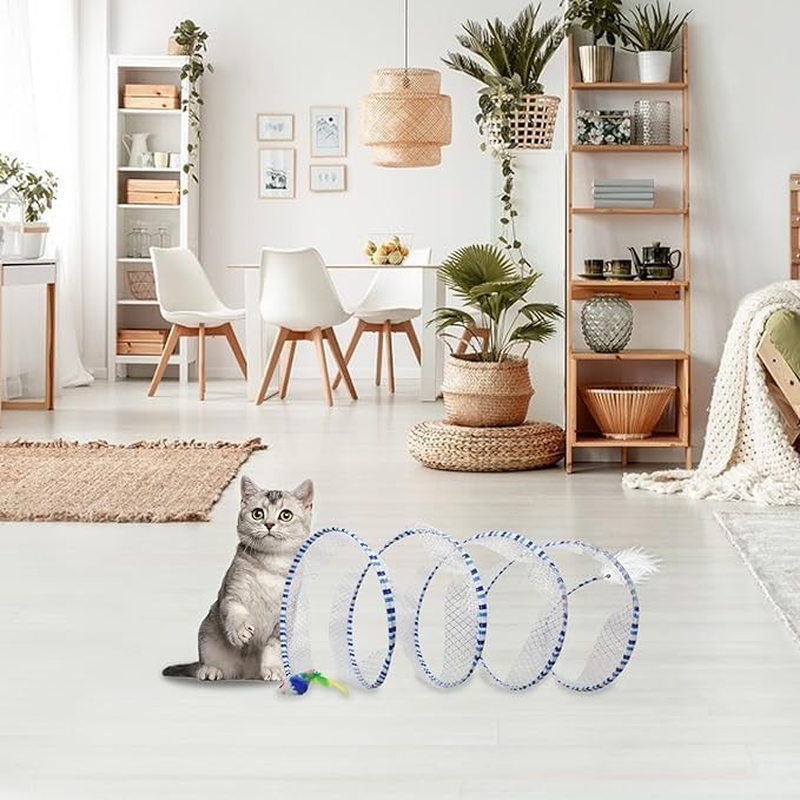 Andiker Cat Tunnel Toy, 10 Inch Foldable Metal Cat Feather Toy with Nylon Net, Feather, Mouse and Bell, Interactive Cat Toy for Indoor Cats (Yellow) image number 2