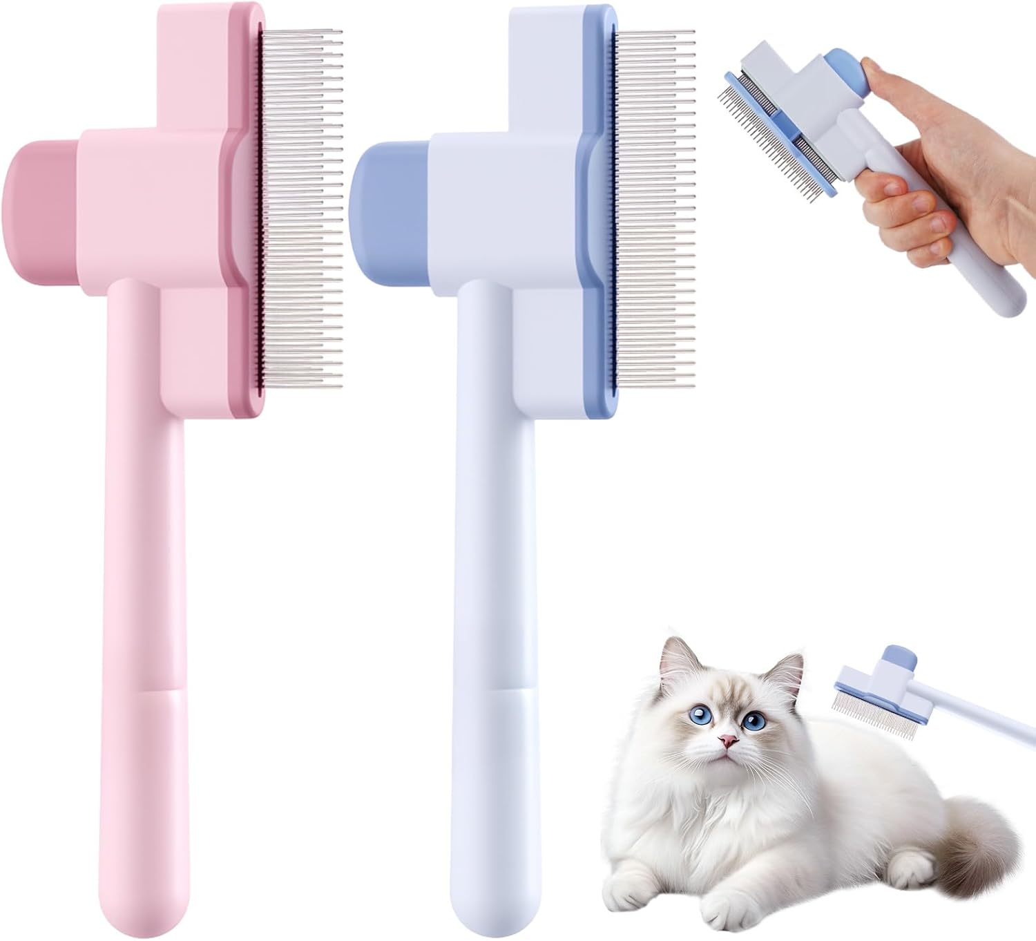 Pack of 2 Fellblitz Cat Brush, Self-Cleaning Flea Comb for Pets, Stainless Steel Metal Teeth Comb, Durable Flea Comb for Cats Dogs with One Button, for Cleaning Loose Knotted Fur image number 1