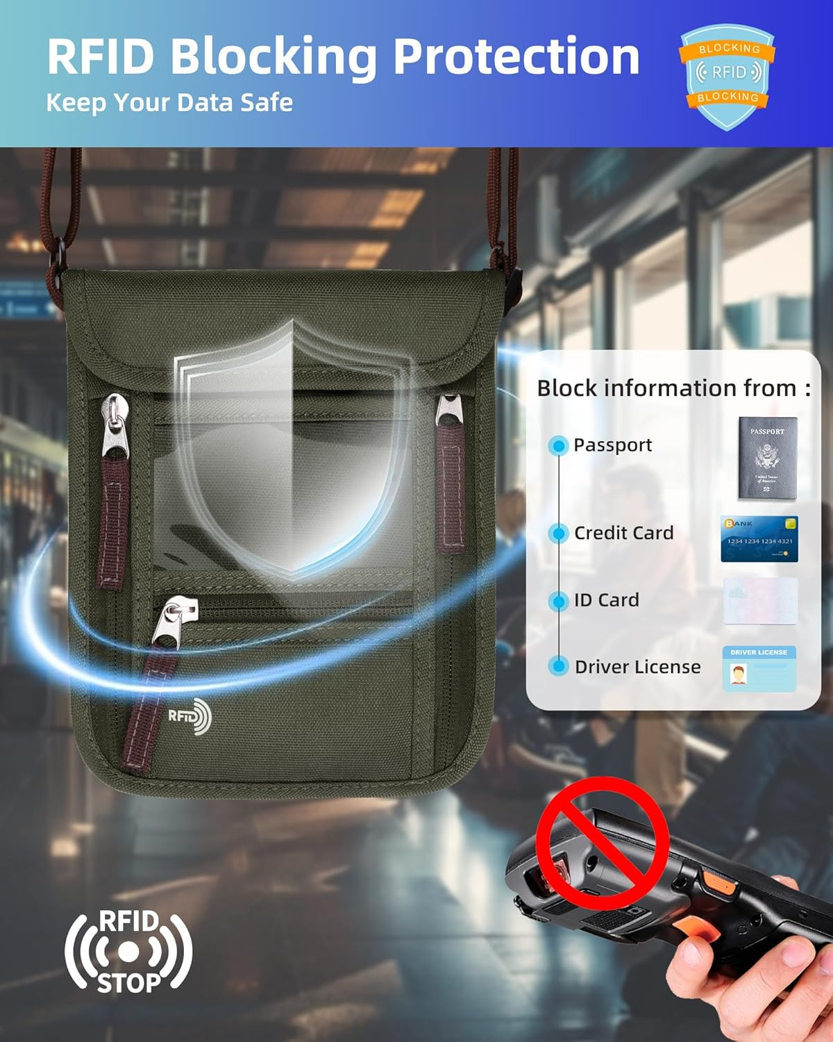 WALNEW Passport Holder Neck Pouch Travel Neck Wallet with RFID Blocking - 7 Pockets with Adjustable Neck Strap to Keep Your Passport Document and Credit Card Safe (Army Green) - Black / Black image number 2