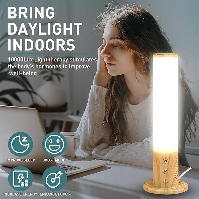 360&deg; SAD Lamp, Uv-Free 10000 LUX Light Therapy Lamp with 3 Color Temperatures & 5 Brightness Levels, Plug-In Design, Touch Control & Wood-Grain Base Sunlight Lamp for Seasonal Affective, Home & Office image number 1