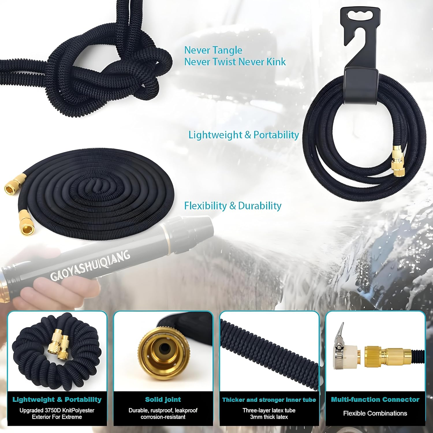 Expandable Garden Hose 50Ft, Garden Hose with Multi-Function Adjustable Nozzle, Flexible No-Kind Water Hose for Cars, Rvs, Boats, Campers, Outdoors, Yards, Lawns (15M) image number 1