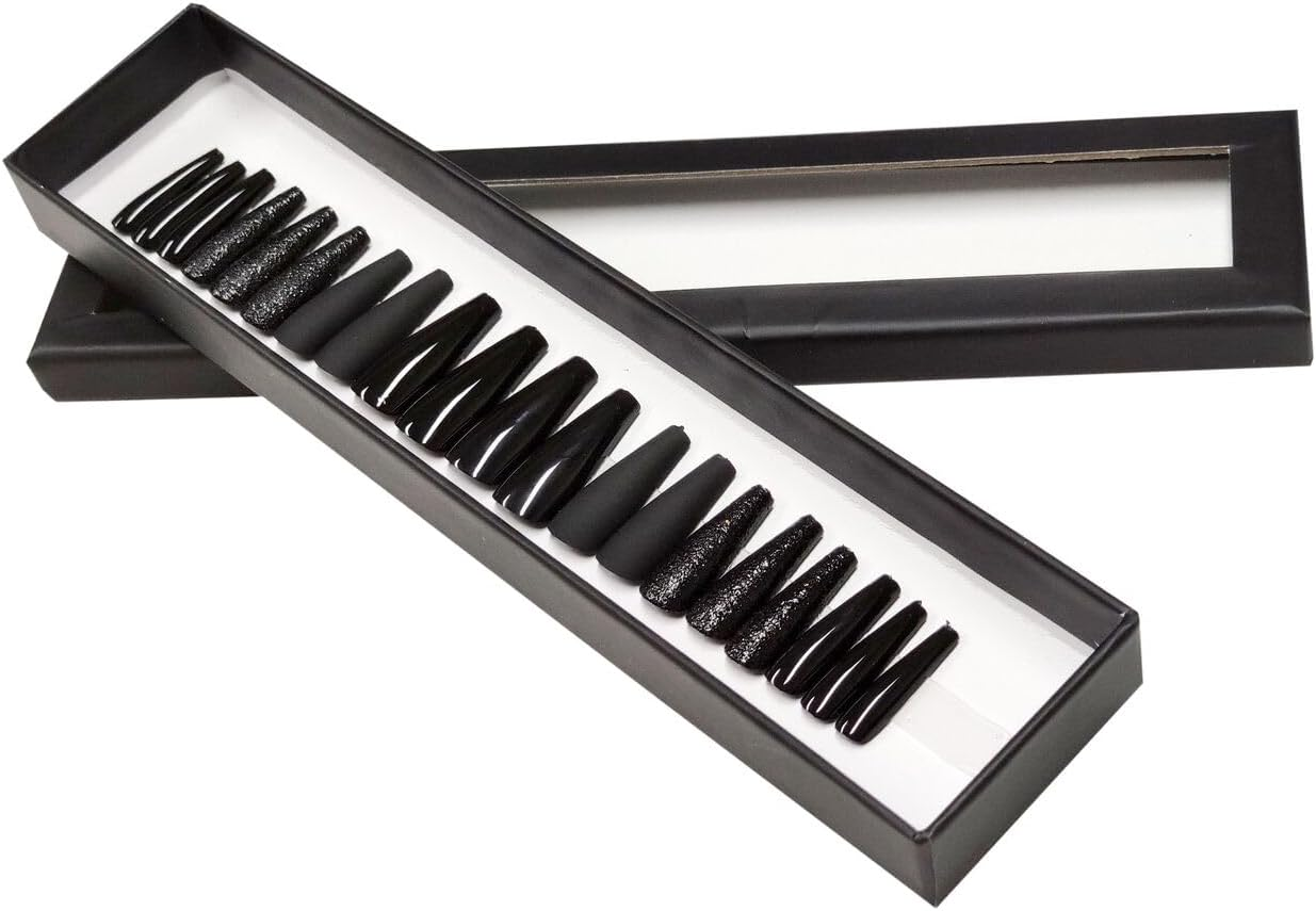 Press on Nails Fake Long Coffin Nail Tips Black Mix 20 Pcs