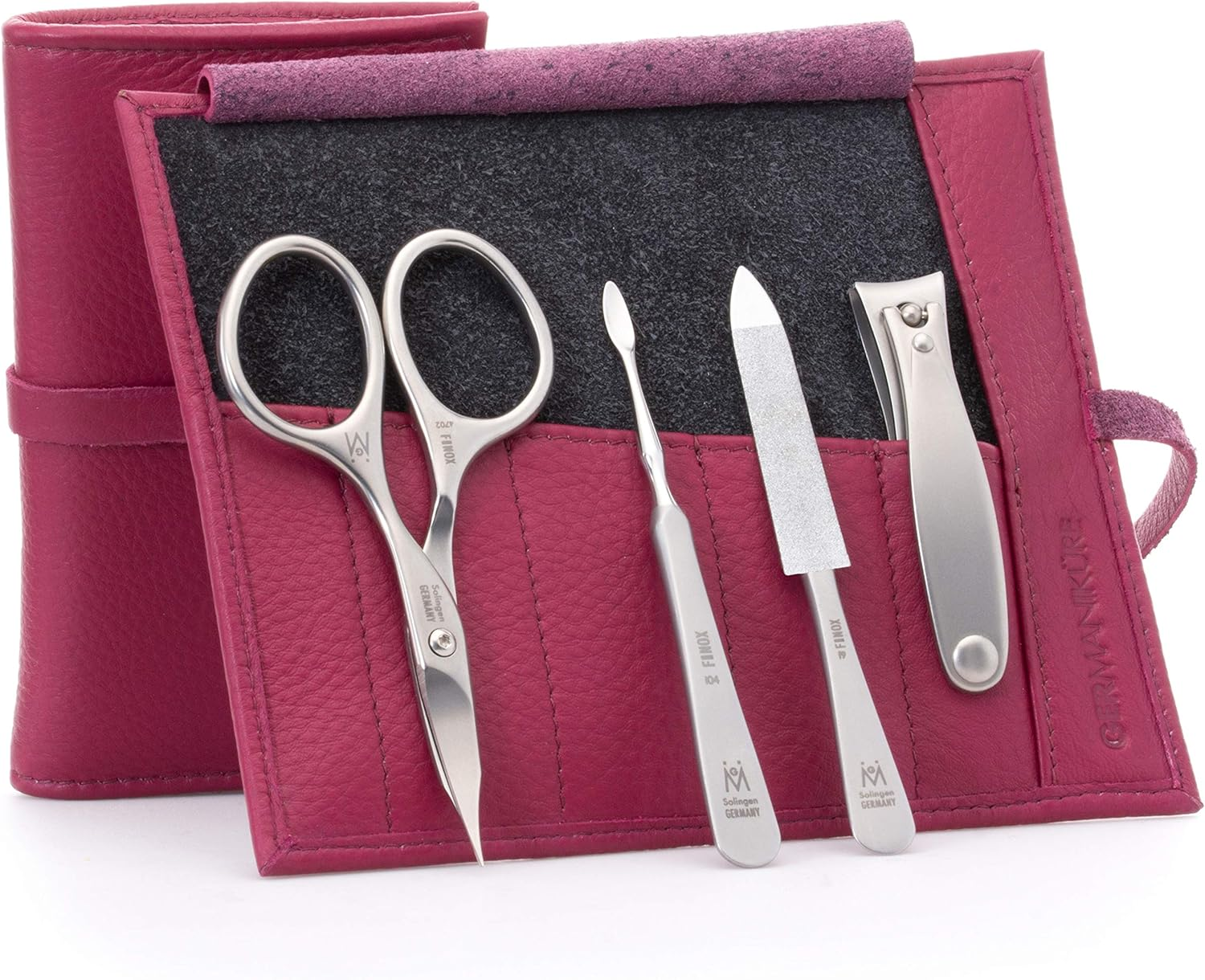 GERMANIKURE 4Pc Manicure Set in Black Leather Case - Made in Solingen Germany, FINOX Stainless Steel Tools &ndash; Professional Quality Compact Nail Grooming Kit