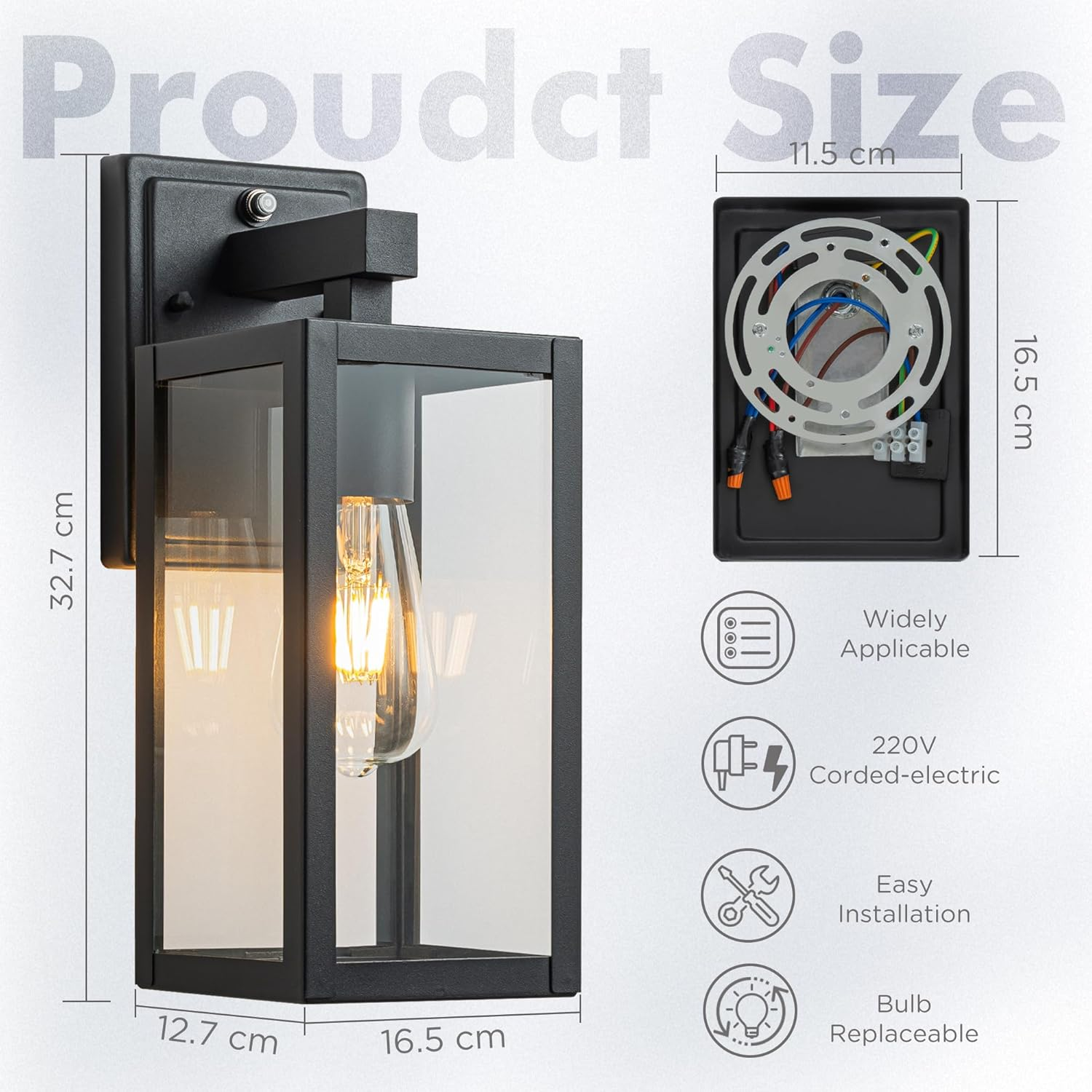 FTL Dusk Till Dawn Outdoor Wall Lights, E27 Wall Lantern Porch Light with Ambient Sensor, Matte Black Exterior Wall Lamp with Clear Glass, outside Sensor Wall Light Fixture for Patio, IP44 Waterproof