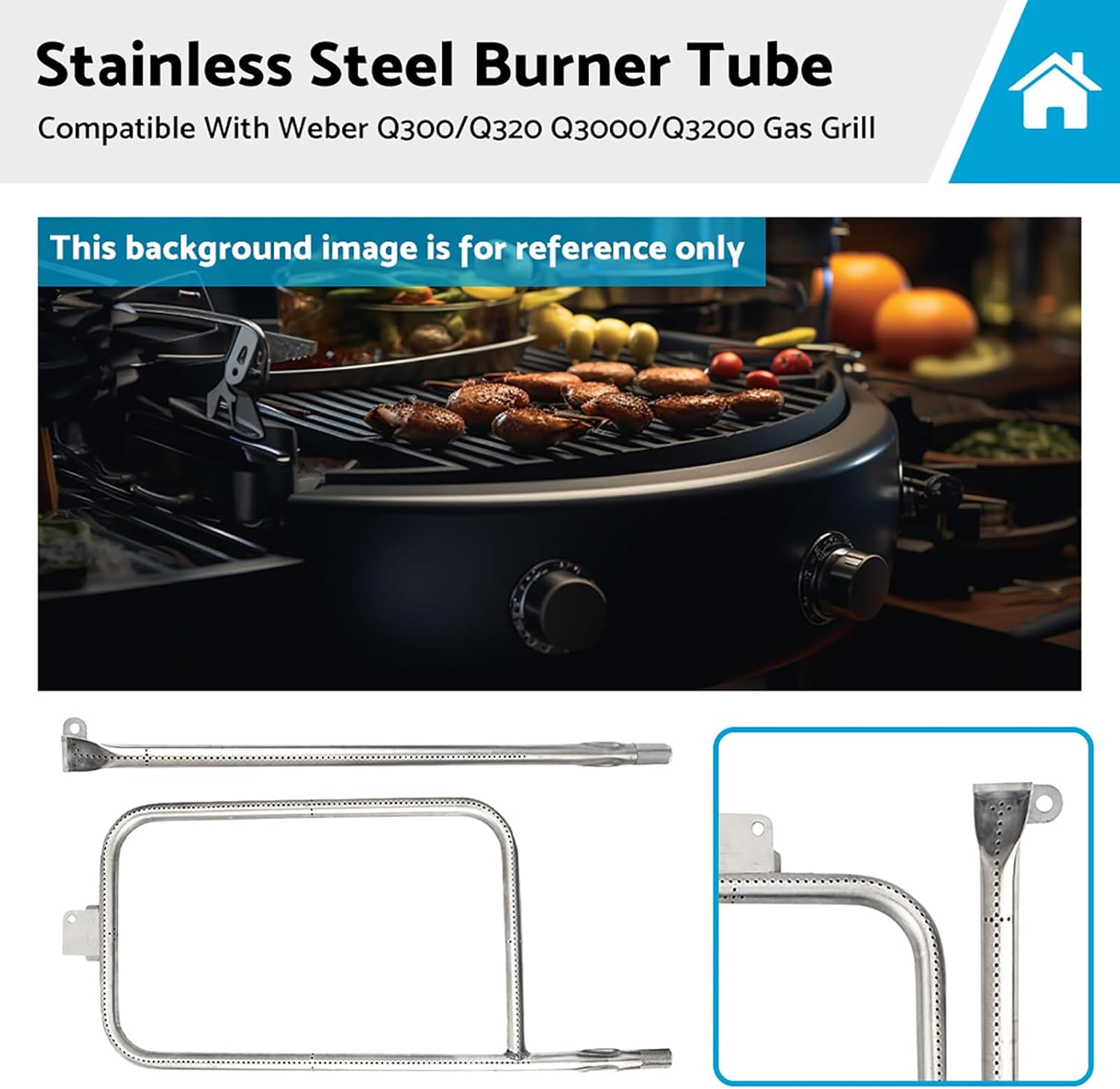 65032 Stainless Steel Grill Burner Tube Suitable for Weber Q300/Q320 Q3000/Q3200 Gas Grill Replacement image number 1
