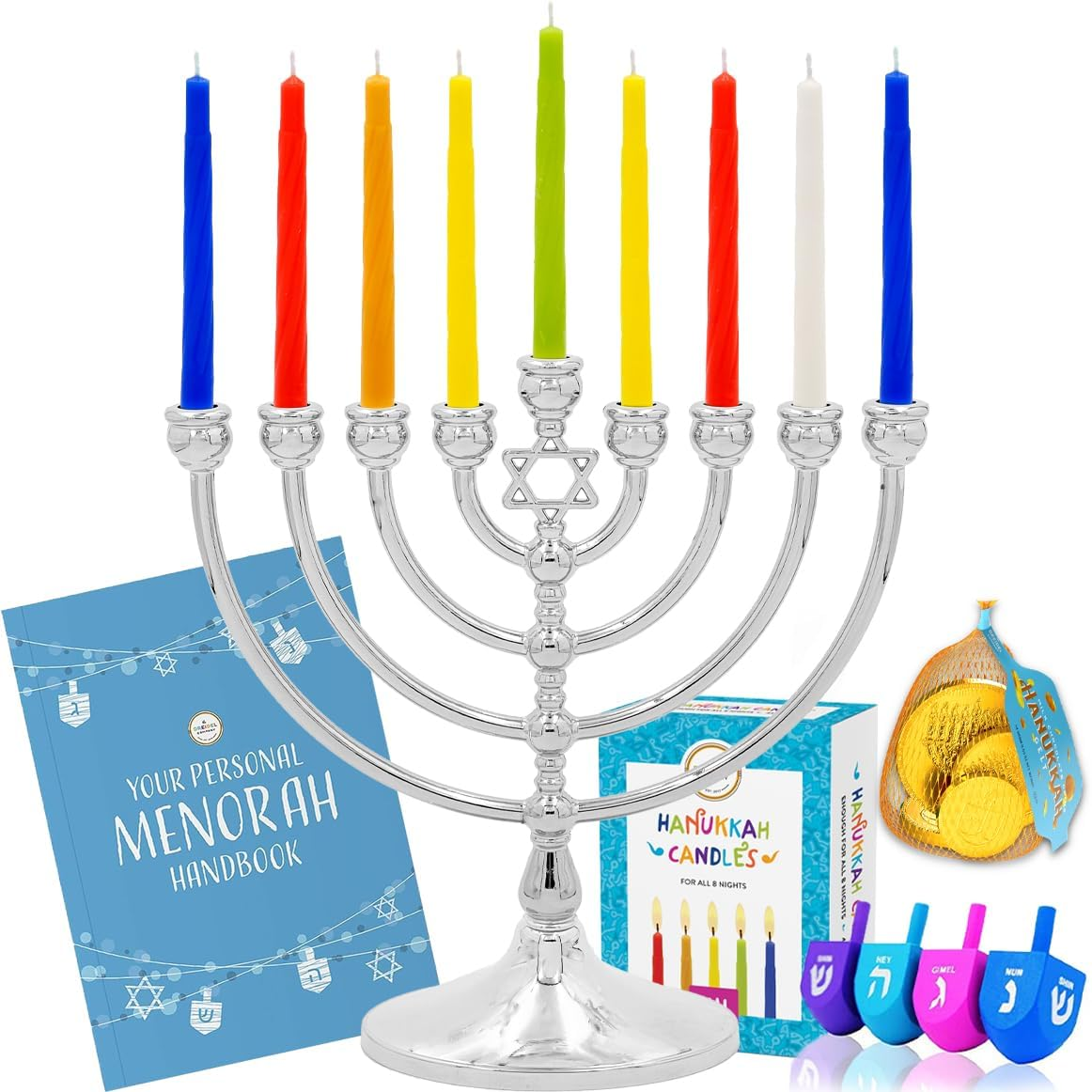 Complete Chanukah Menorah Set -1 Classic Menorah 45 Multicolored Candles - 4 Painted Wood Dreidels - 3 Mesh Bags of Belgian Chocolate Coins Gelt. - 12 Page Chanukah Guide - All Packed in a Gift Box
