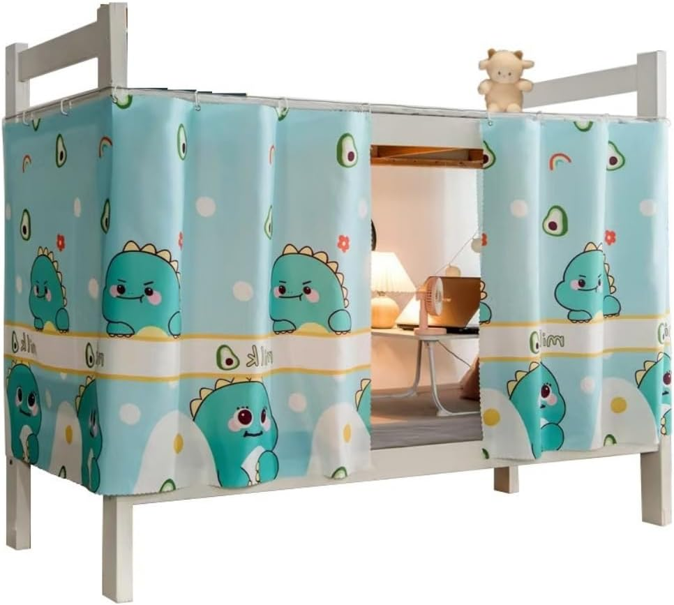 Bottom Bunk Bed Curtains Sheer Privacy Cloth Underbed Curtains for Low Loft Bed Twin, 2 Panels, Light Blue Dinosaur image number 6