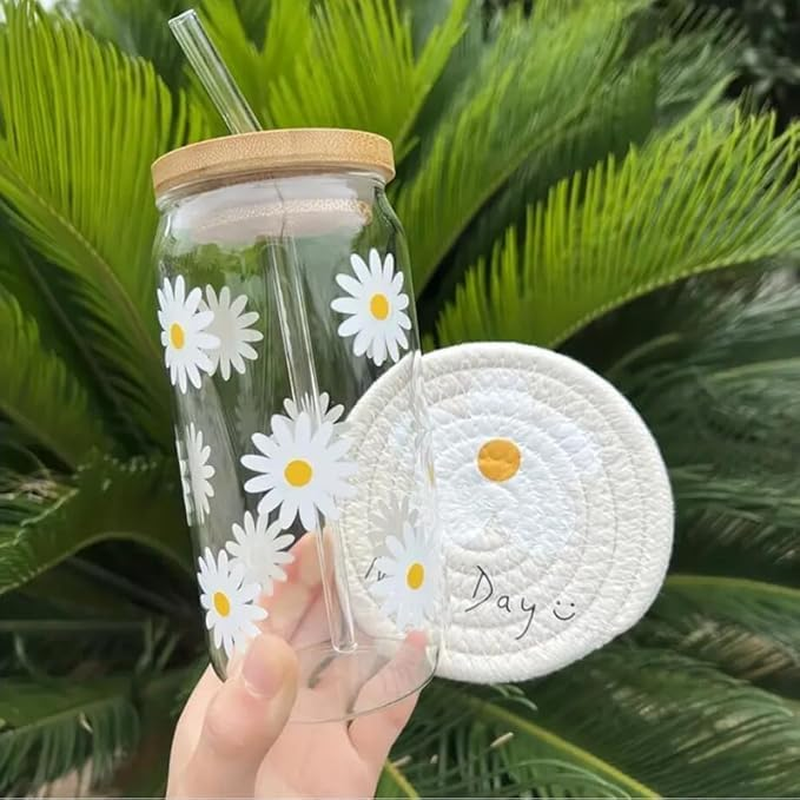 Cute Daisy Cup 16Oz Iced Coffee Cup, Cute Glass Cups with Bamboo Lids and Straws Beer Can Milk Mocha Cups - Christmas, Birthday Gifts for Women,Women'S Holiday 500Ml image number 2