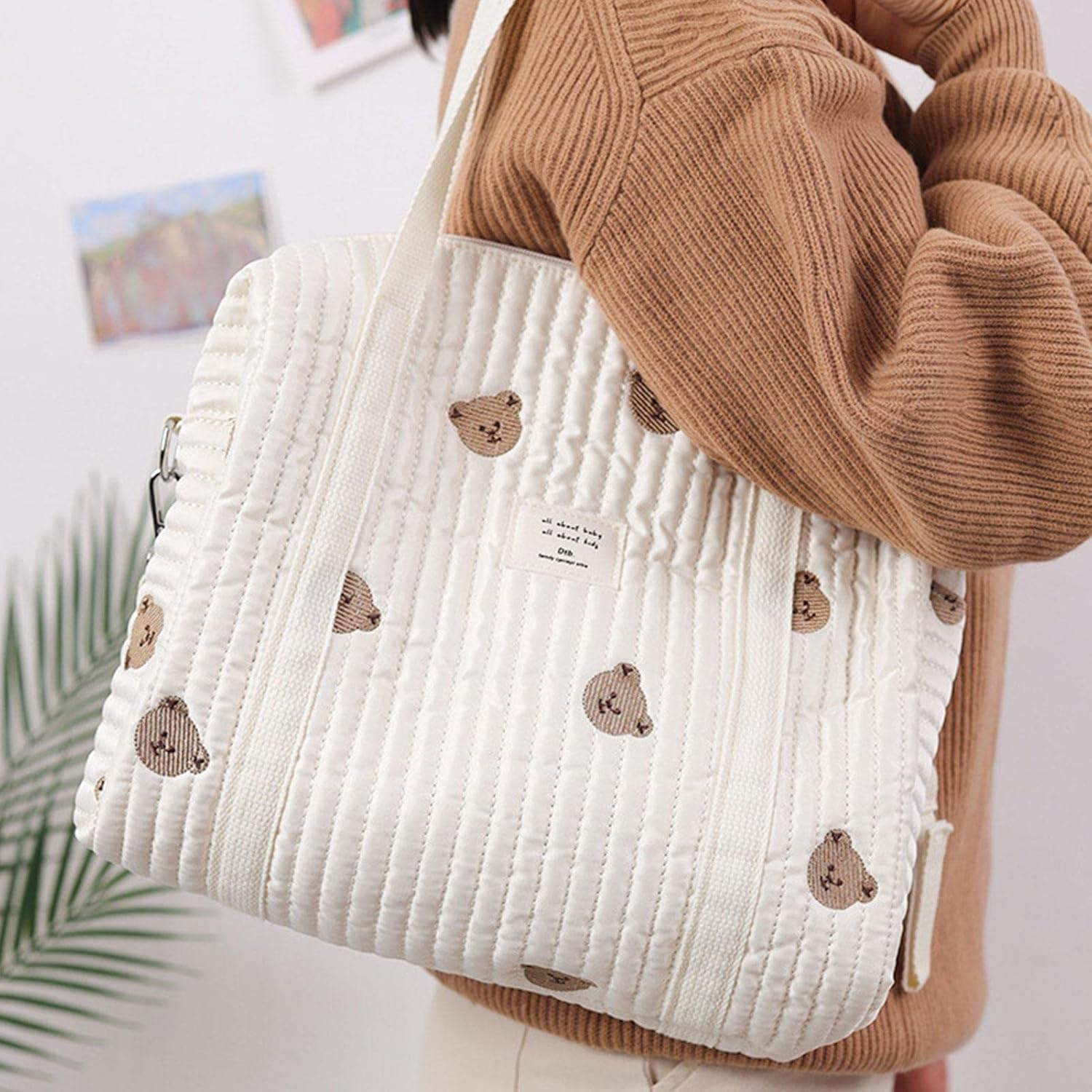 Diaper Tote, Soft Cotton Embroidery Caddies Cart Toy Organization, Cute Cartoon Pattern Outdoor Travel Organizer Diapers, Large Capacity Baby Organizers Pack, Diaper Caddy Bag for Diapers Wipes image number 4