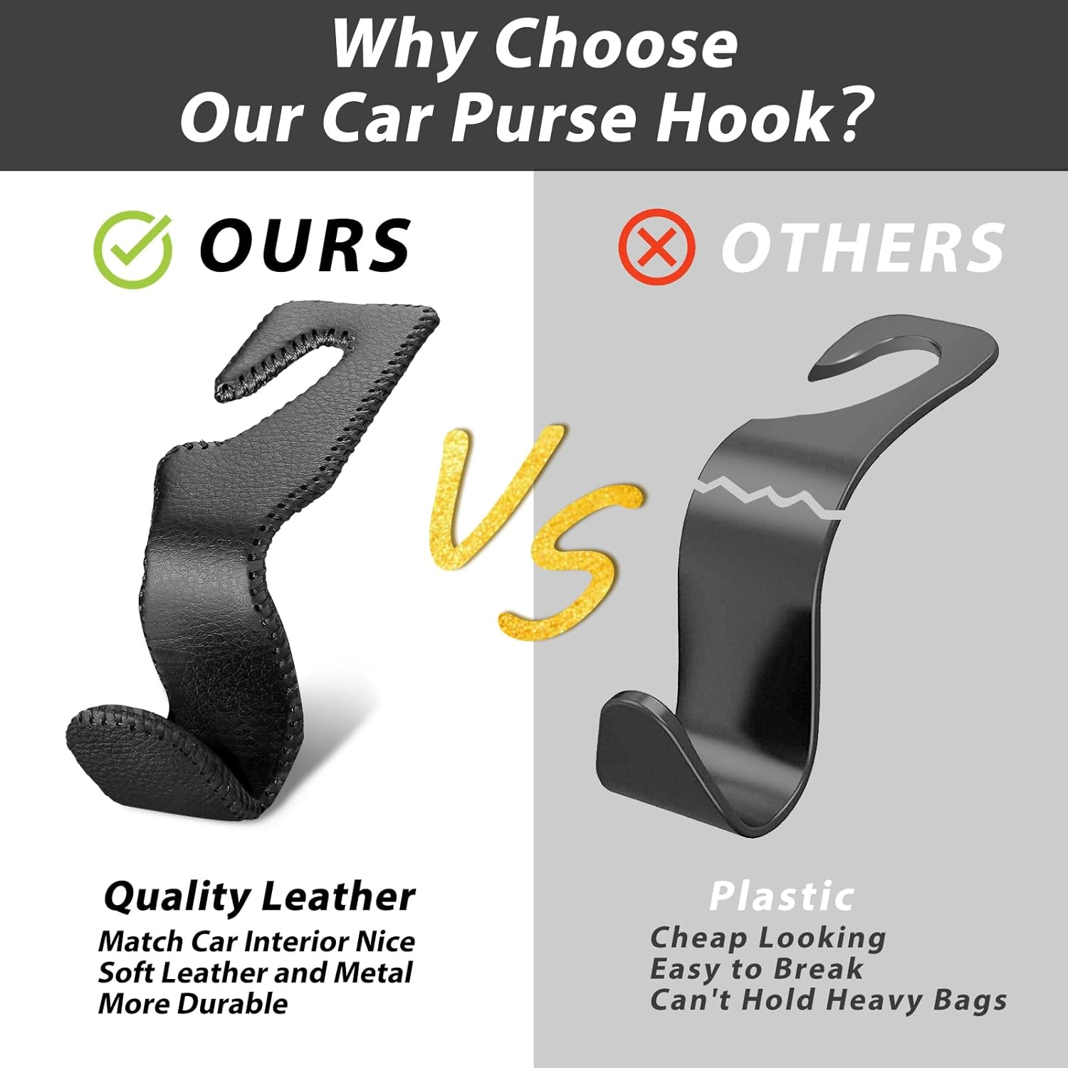 Etre Jeune Purse Hook for Car, Car Purse Holder Seat Headrest Hook Leather Vehicle Storage Hanger Hook for Purses and Bags, 2 Pack Black