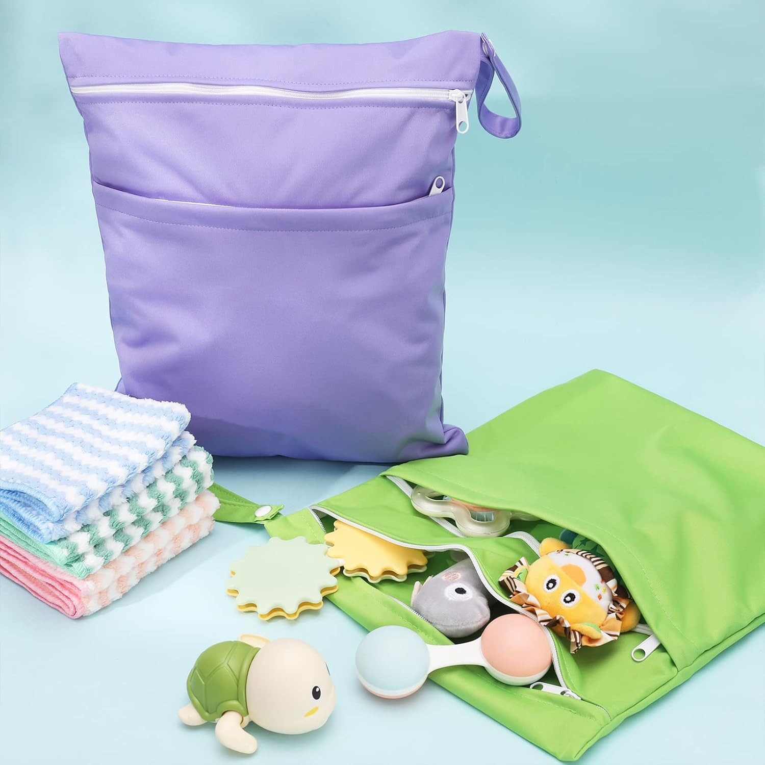 2 Packs Wet Bag, Waterproof Wet Dry Bags Reusable Washable Cloth Diaper Bags Nappy Bags with Double Zipper Pockets for Baby Items Wet Clothes Swimming Gym Pool Beach Bag, Purple+Green,