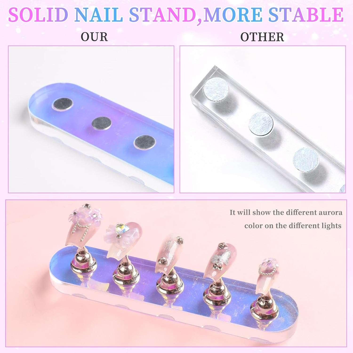 ANGNYA Nail Stand for Press On, 2 Set Aurora Nail Holder for Painting Nails Press on Nail Stands with 96 Pcs Reusable Sticky Putty for Nail Art Display Home & Salon Use (Round)