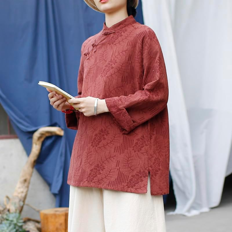 Autumn Chinese Style Blouse Traditional Top Linen Cotton Boho Elegant Women'S Shirt Coffee image number 5