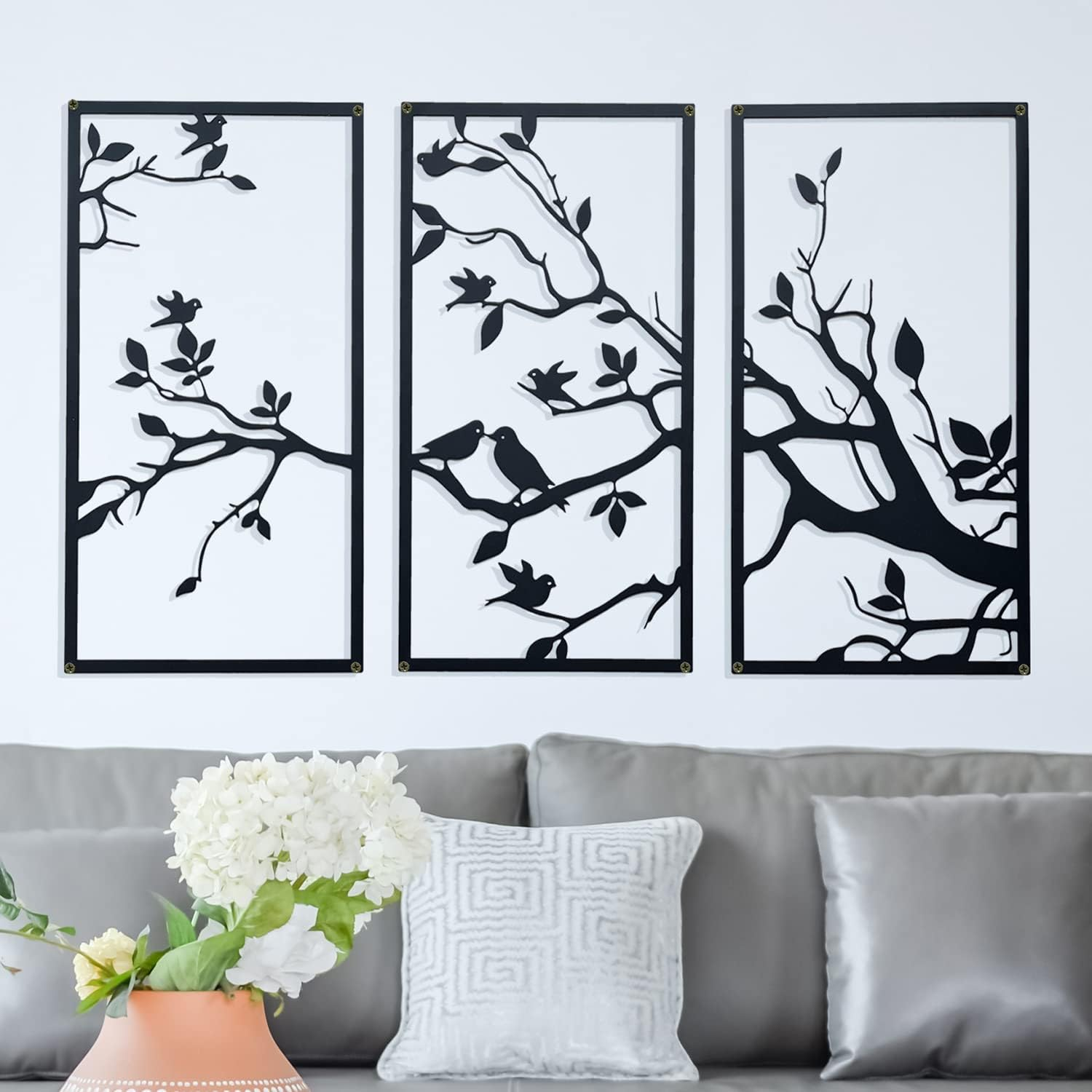 3 Pcs Birds on Branch Large Metal Wall Art Decor,Black Tree of Life Silhouette Sculpture,Leaves with Birds Metal Ornament Hanging Sign for Home Garden Office Living Room Indoor Outdoor