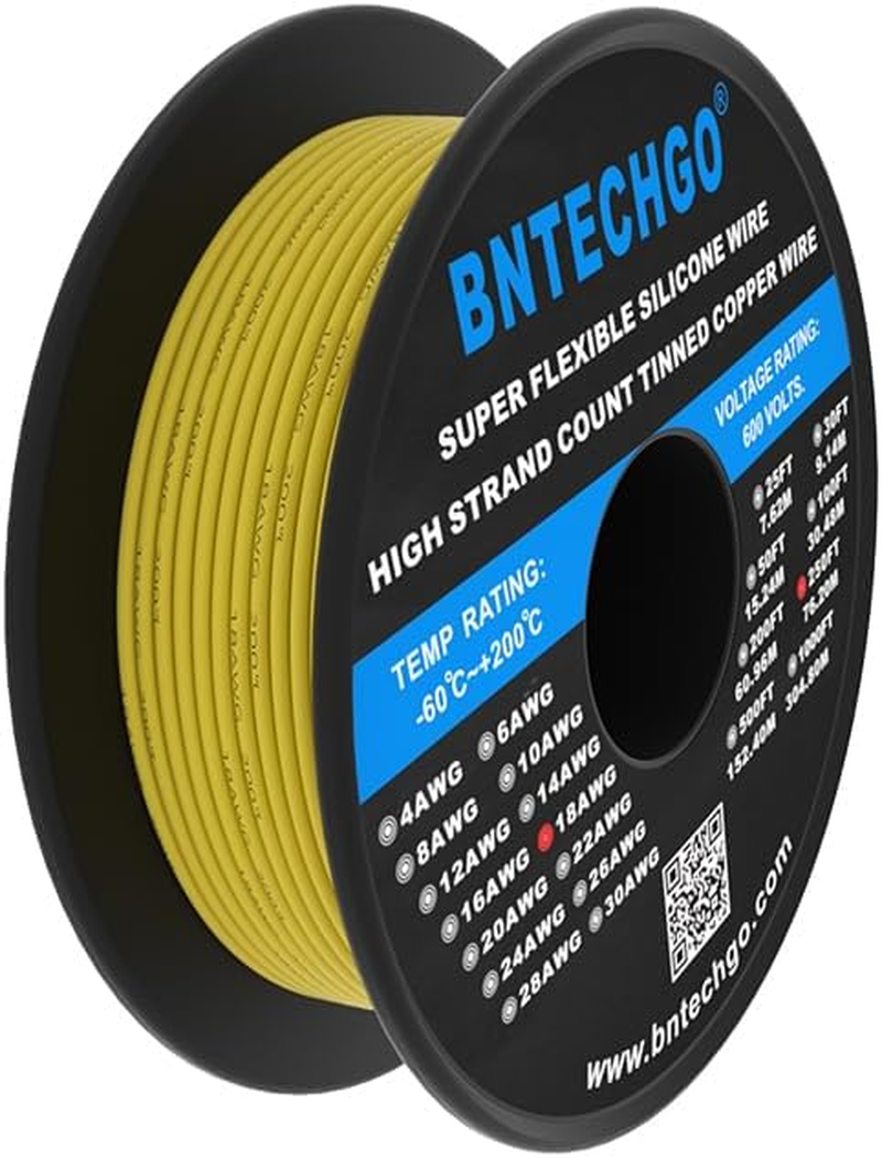 BNTECHGO 18 Gauge Silicone Wire Spool Yellow 250 Feet Ultra Flexible High Temp 200 Deg C 600V 18AWG Silicone Rubber Wire 150 Strands of Tinned Copper Wire Stranded Wire for Model Low Impedance image number 4