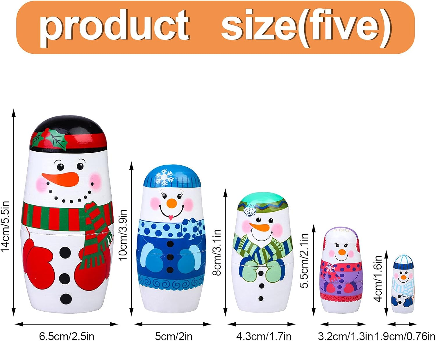 Russian Matryoshka 5 Pieces Snowman Nesting Dolls Hand Painted Figurines Wooden Stacking Dolls for Birthday Party Home Decoration, Children Kids Christmas New Year Toy image number 2