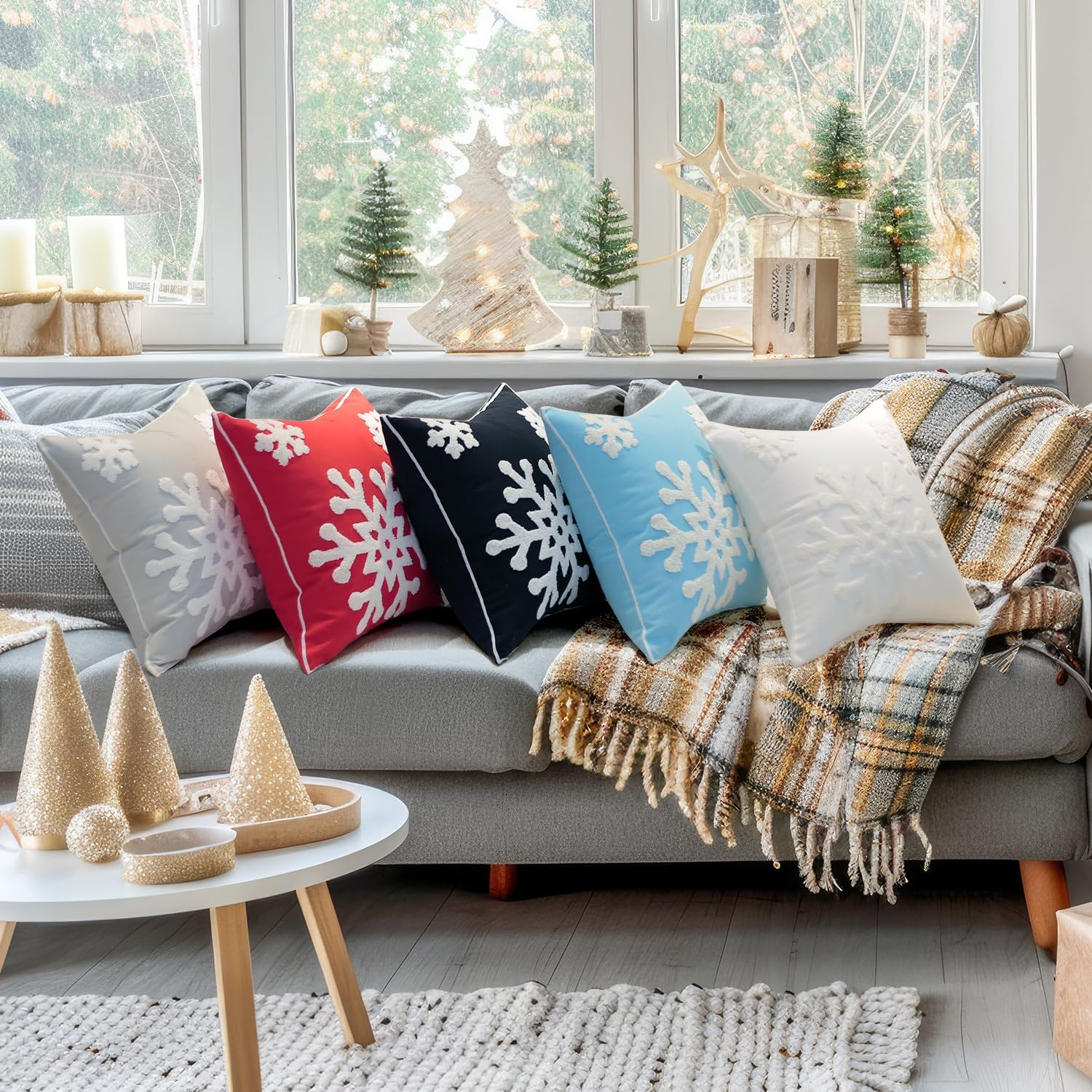 E.Life 18X18 Soft Canvas Christmas Winter Snowflake Style Cotton Linen Embroidery Throw Pillows Covers W/Invisible Zipper for Bed Sofa Cushion Pillowcases for Kids Bedding (1 Pair White) - Blue image number 4