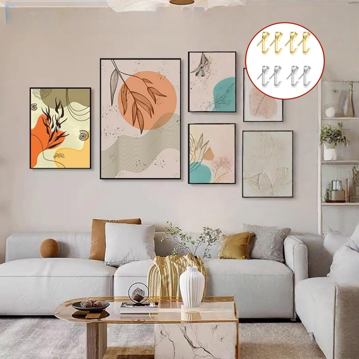 80 Pcs Picture Hanging,Picture Hooks for Hard Wall,Picture Frame Hooks for Pictures, Mirror,Clocks on Drywall and Wood Walls (Silvergold ) image number 2