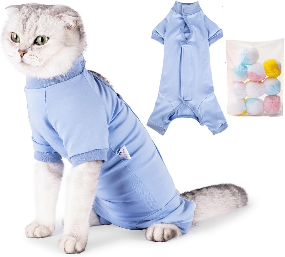 SUYUKU Cat Recovery Suit, anti Leak Kitten Bodysuit for Alternative Elizabethan Collar, Cats One-Piece Surgery Bodysuit, Warm Pyjamas, Clothing, Soft Comfortable Jumper (Blue, S)
