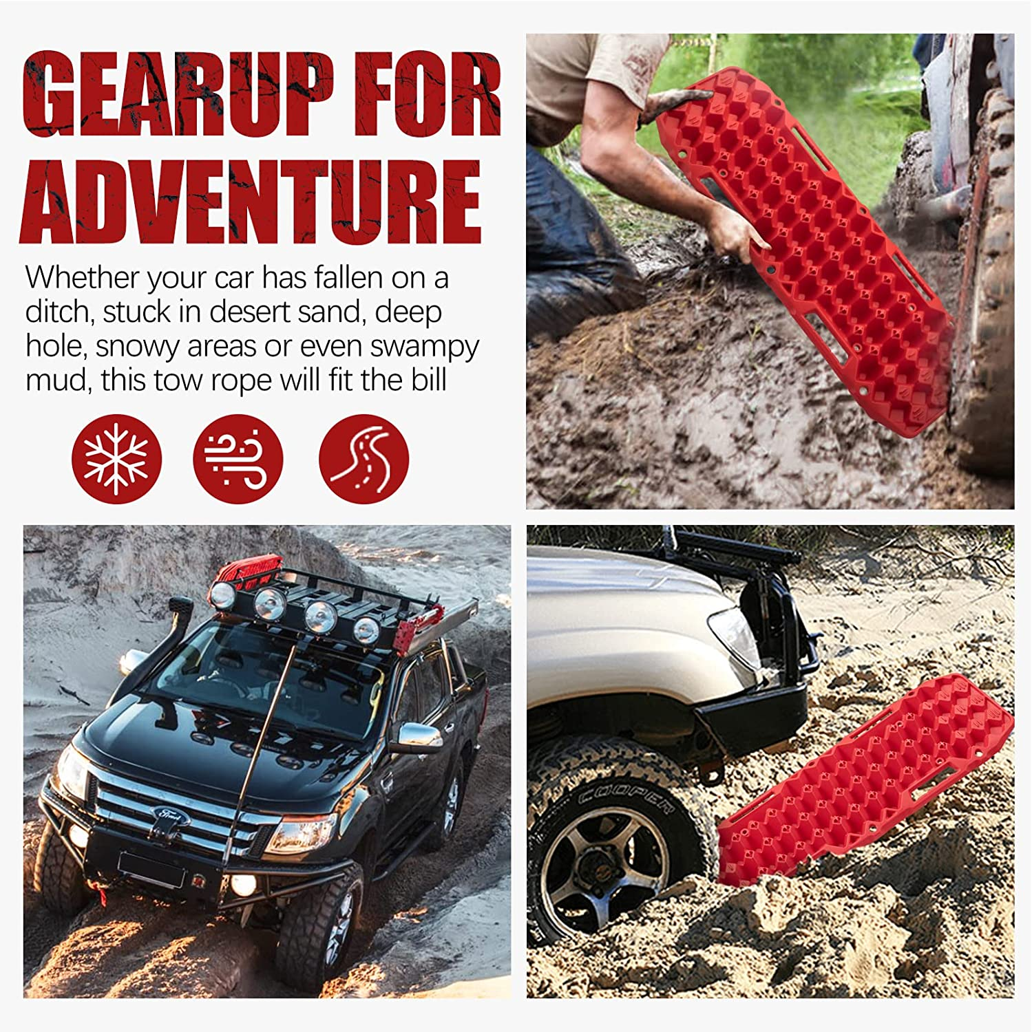 BUNKER INDUST Recovery Traction Boards - Bentable 120&deg; Load Capacity 10 Tons Offroad Tracks for ATV UTV 4WD 4X4 for Automotive Accessories Tires and Wheels in Sand Snow Mud, Red image number 4