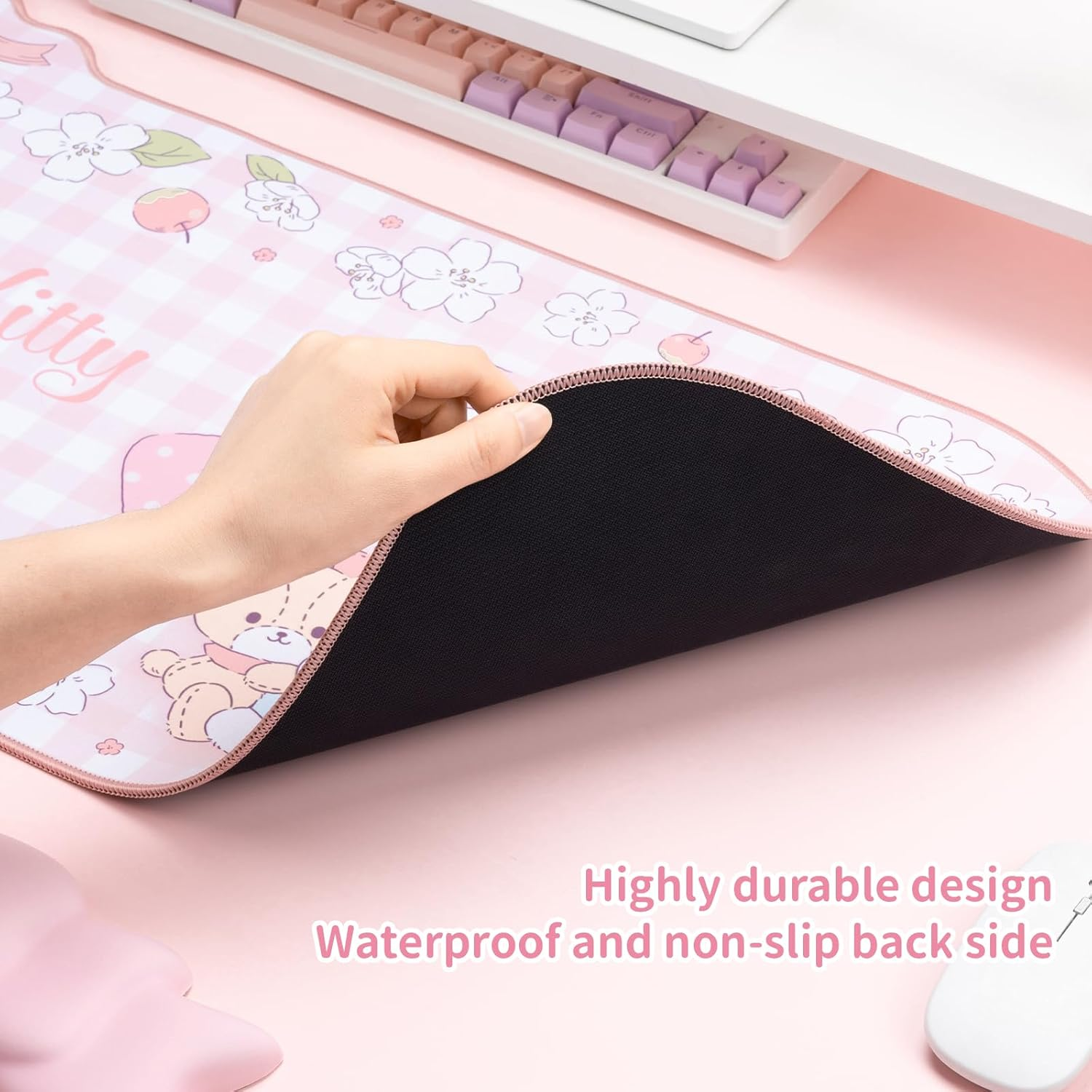 Kuitmor Kawaii Anime Mouse Pad Wrist Rest Support Set - Non-Slip Desk Mat and Memory Foam Bowknot Wrist Rest for Keyboard and Mouse,Perfect for Gaming or Home Office Work - Hello Cat image number 5