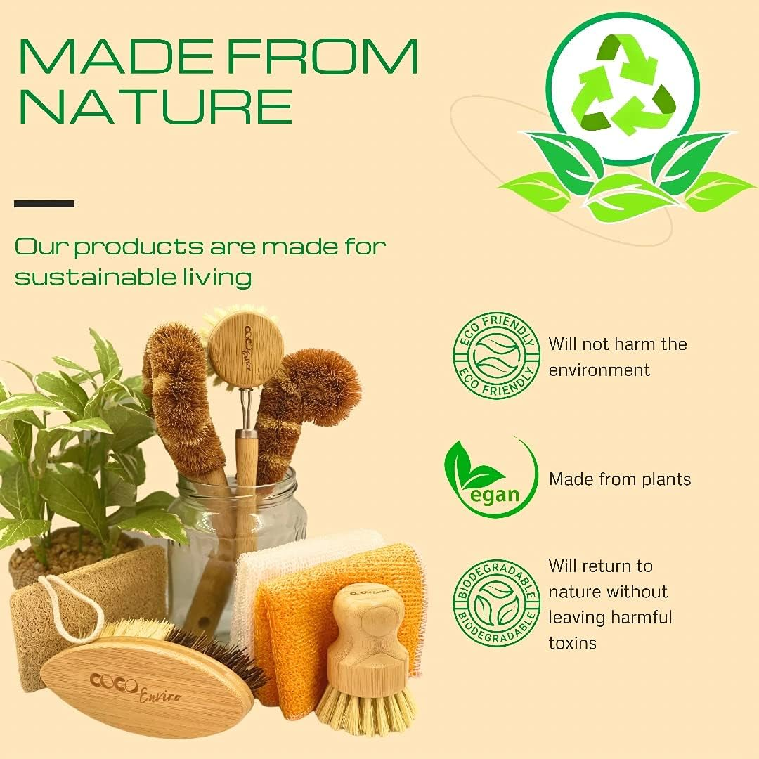 Natural Bamboo Dish Cleaning Brush Set of 8 - Eco Friendly Bottle Brush Dish Scrub - Sustainable Cleaning Tools - Zero Waste - Plastic Free Living image number 4
