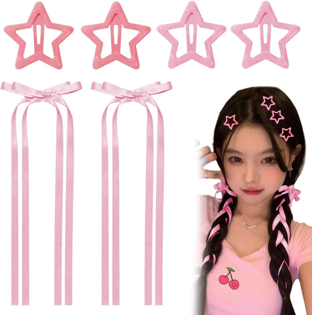 GGUFAY Star Hair Clips and Ribbon Hairpin, Hollowed Star Hair Clips, Hair Bows Girls for Children, Girls, DIY Hairstyles, Halloween, Christmas, Concerts and Daily Life (Pink) image number 3