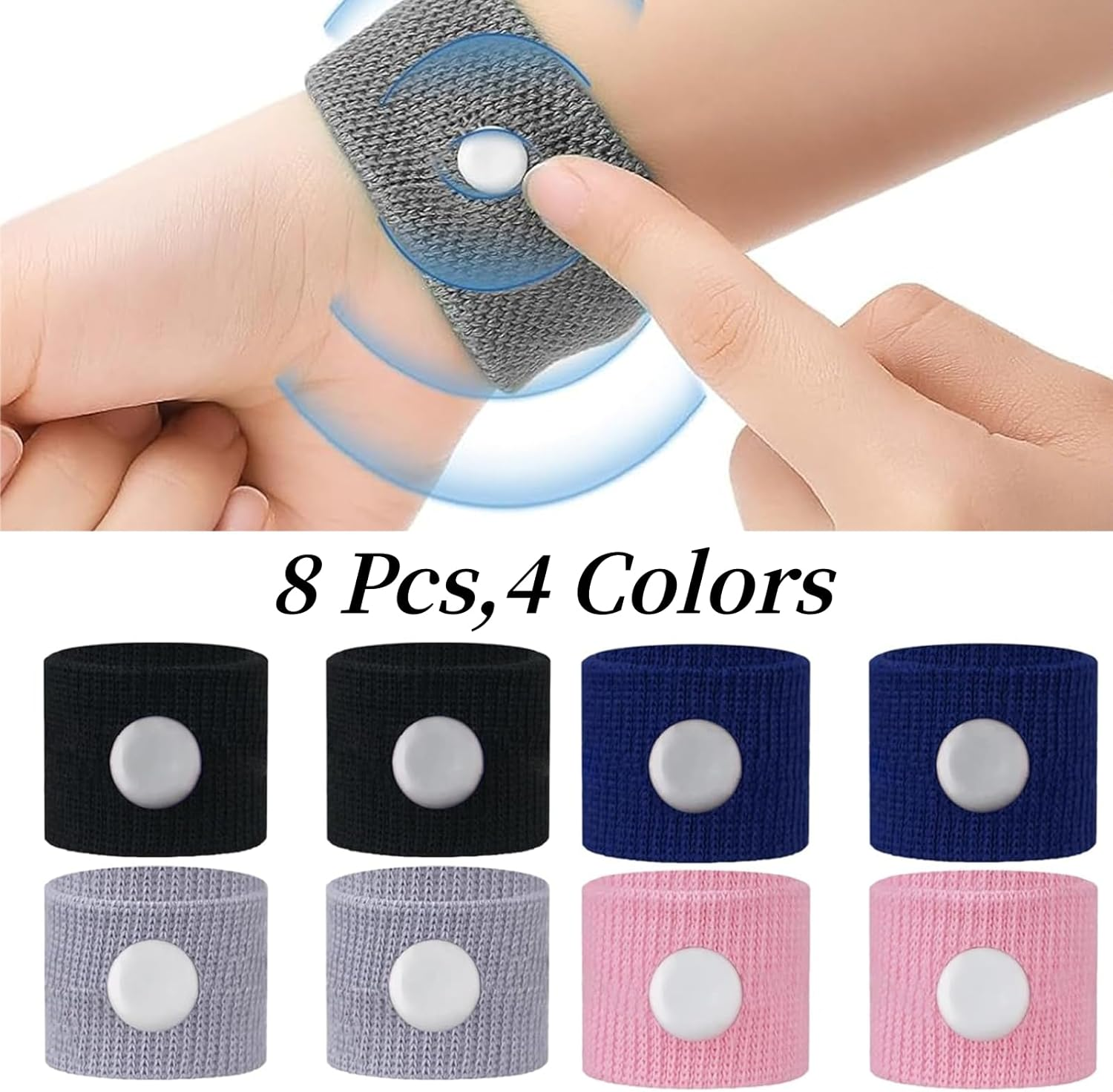 8 Pcs Travel Sickness Bands,Sea Band,Motion Nausea Bands,4 Colours Wristbands(Black, Grey, Blue and Pink) image number 5