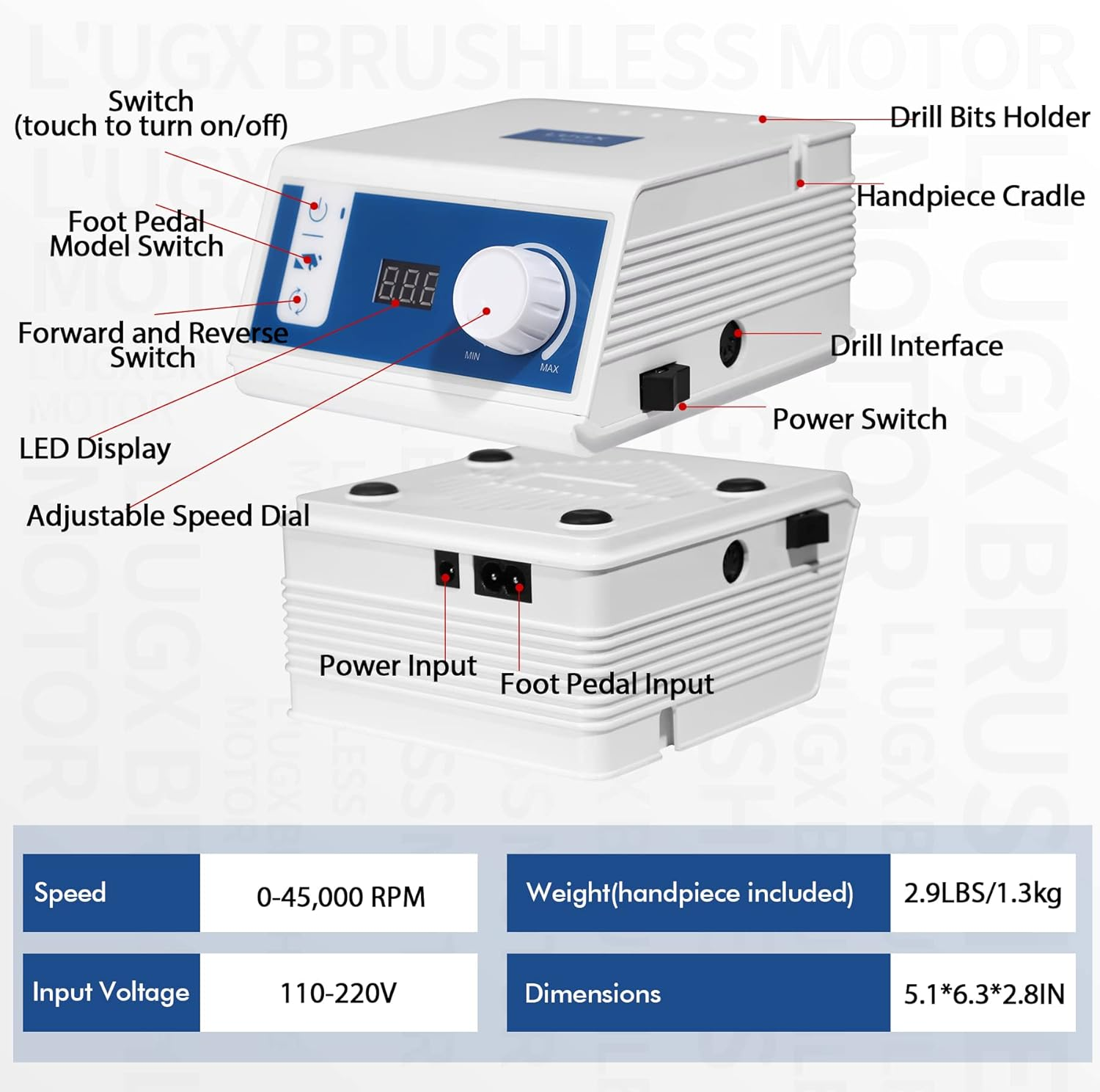 L'UGX Brushless Nail Drill 45000RPM, Professional Electric Nail File Manicure Pedicure with 7 Drill Bits, Perfect for Home Salon Use, Foot Pedal, Low Noise and No Vibration