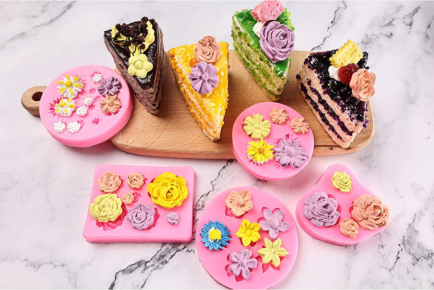 Flower Fondant Cake Molds-8 Pcs-Daisy, Rose, Chrysanthemum and Small Flower Leaf, Candy Silicone Molds for Chocolate Fondant Polymer Clay Soap Crafting Projects & Cake Decoration image number 1