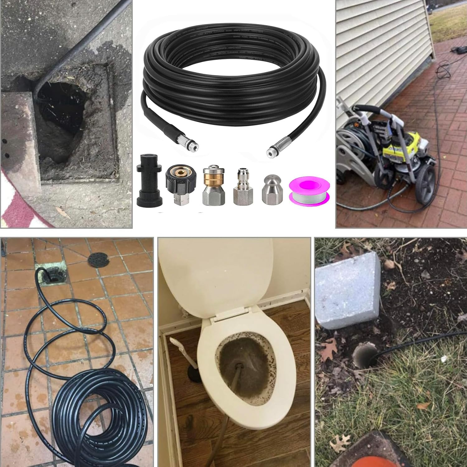 Pressure Washer Sewer Jetter Kit - 1/4 Inch NPT Cleaner Hose (32.8FT), M22 Coupler, 1/4" Quick Plug, Rotating Nozzle, Button Nosejetter Nozzle, for Karcher Adapter, Waterproof Tape image number 5