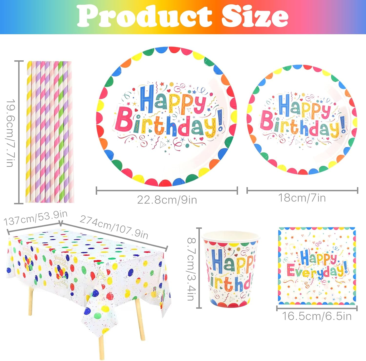 121 PCS Rainbow Happy Birthday Party Tableware Set with Paper Plates Cups Straws Napkins Tablecloth Rainbow Birthday Party Supplies Decorations for 20 Guests image number 1