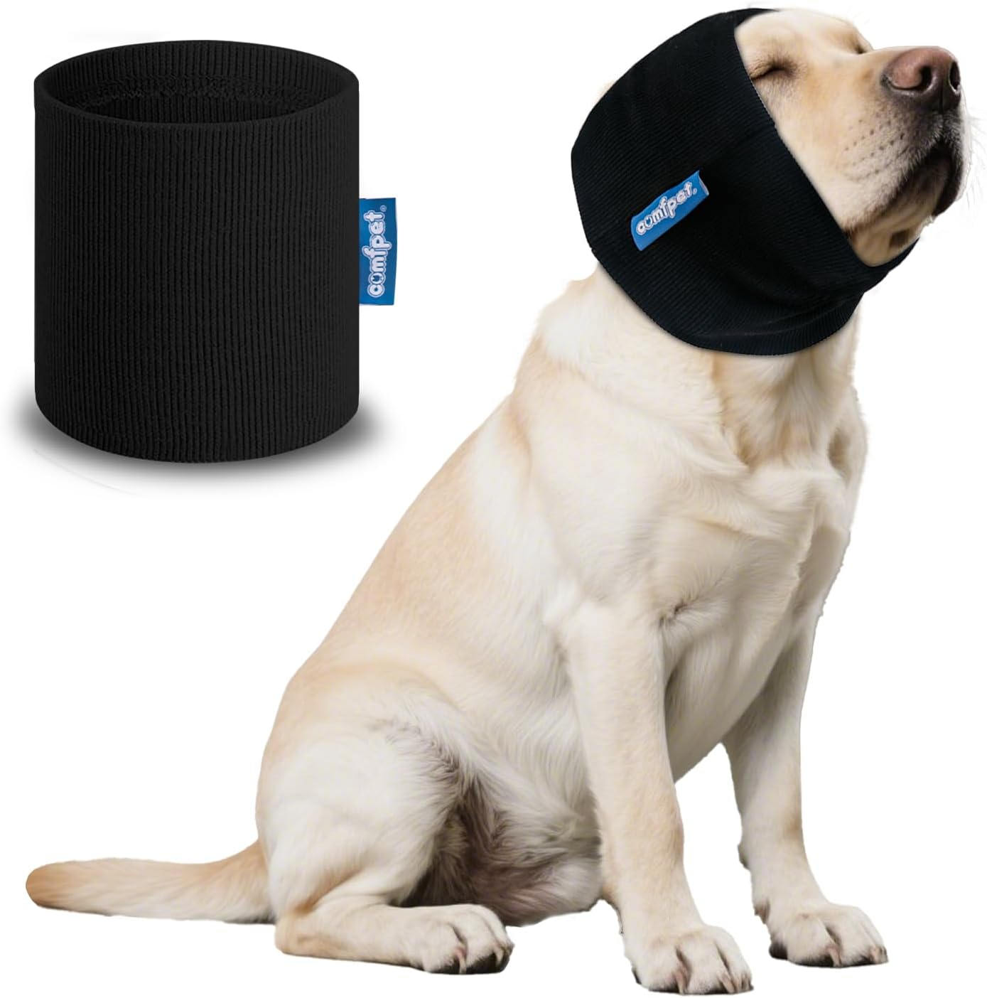 COMFPET Dog Ear Snood Noise Protection, Dogs Ear Cover for Anxiety Headband Protector, Dog Calming Hood for Grooming and Bath Drying, Pet Dogs Earmuff Head Wrap for Ear Hematoma (Black, XL) image number 5