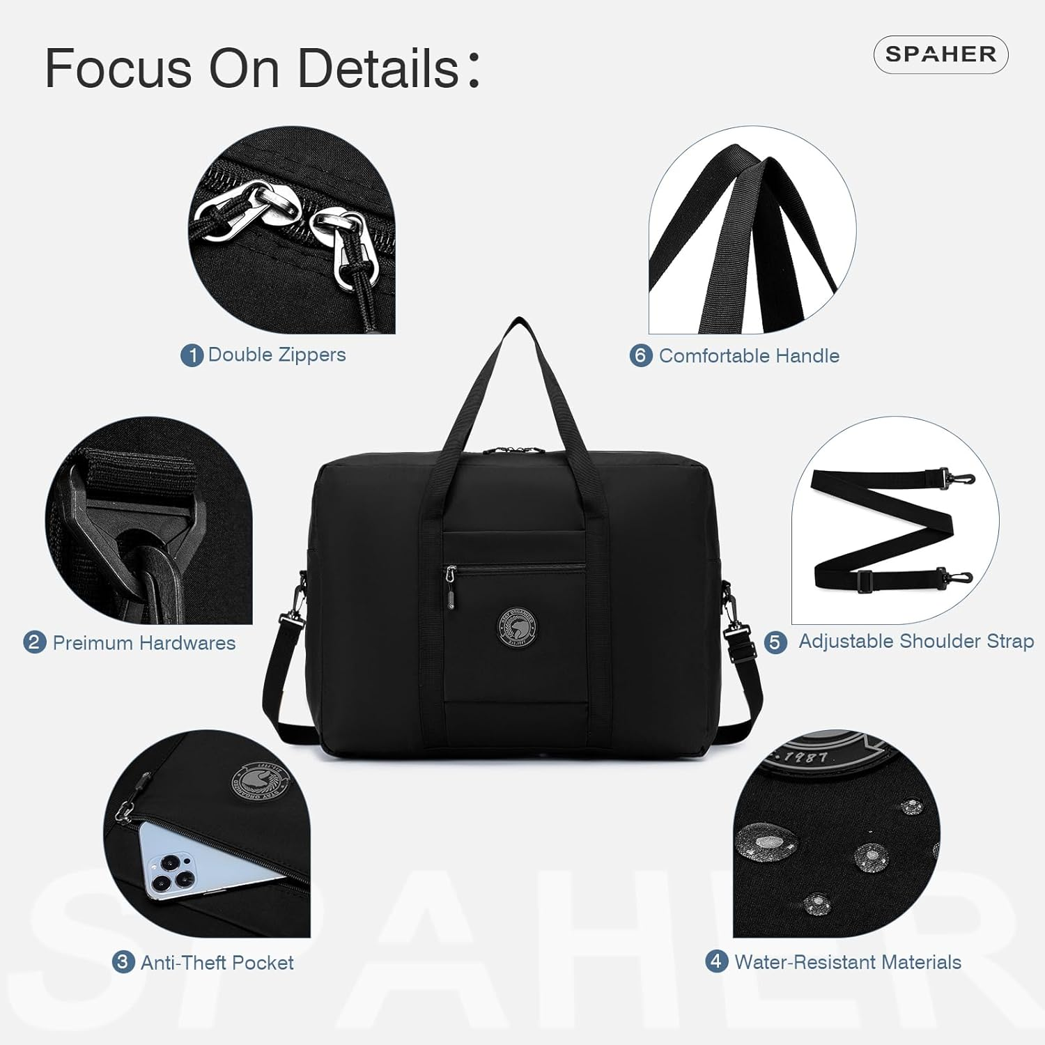 SPAHER 45L Travel Duffle Bag Cabin Bag Lufthansa 55X40X20 Carry on Hand Luggage Lightweight Foldable Cabin Luggage Overnight Weekender Holdall Tole Bag Waterproof Travel Handbag Black image number 6