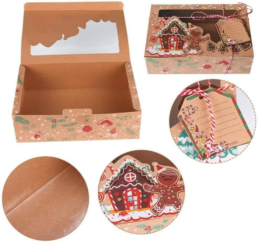 WOYAODONG 12 Pack Christmas Cookie Boxes with Window, Large Holiday Food Bakery Treat Boxes for Giving, Pastry, Candy, Party Favors, Christmas Kraft Boxes with Ribbons and DIY Tags image number 1