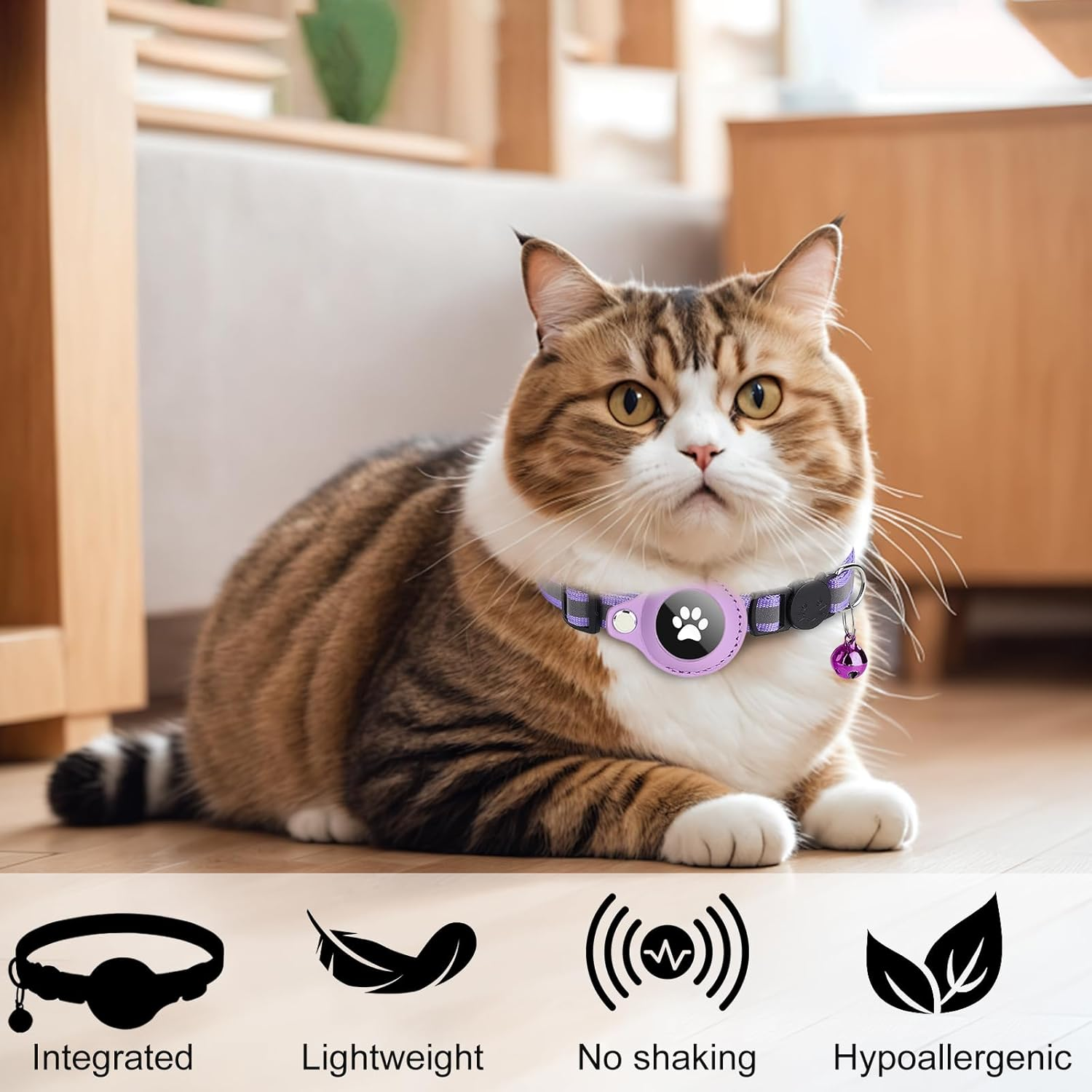 Boloshine Reflective Airtag Cat Collar, Anti-Lost Cat Tracker Collar with Airtag Adjustable Holder & Bell, Lightweight GPS Cat Collar Compatible with Apple Airtag for Small Cats Kitten Puppy (Purple) image number 6