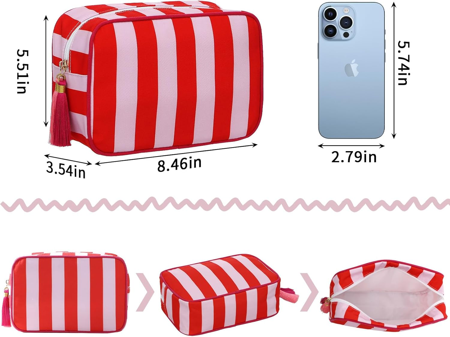 EMBRUNIOICE Stripe Makeup Bag Travel Cosmetic Bag Organizer Tassel Toiletry Bag Large Canvas Zipper Pouch and Accessories Storage Bag for Women, Red& Pink - Blue Bow image number 7
