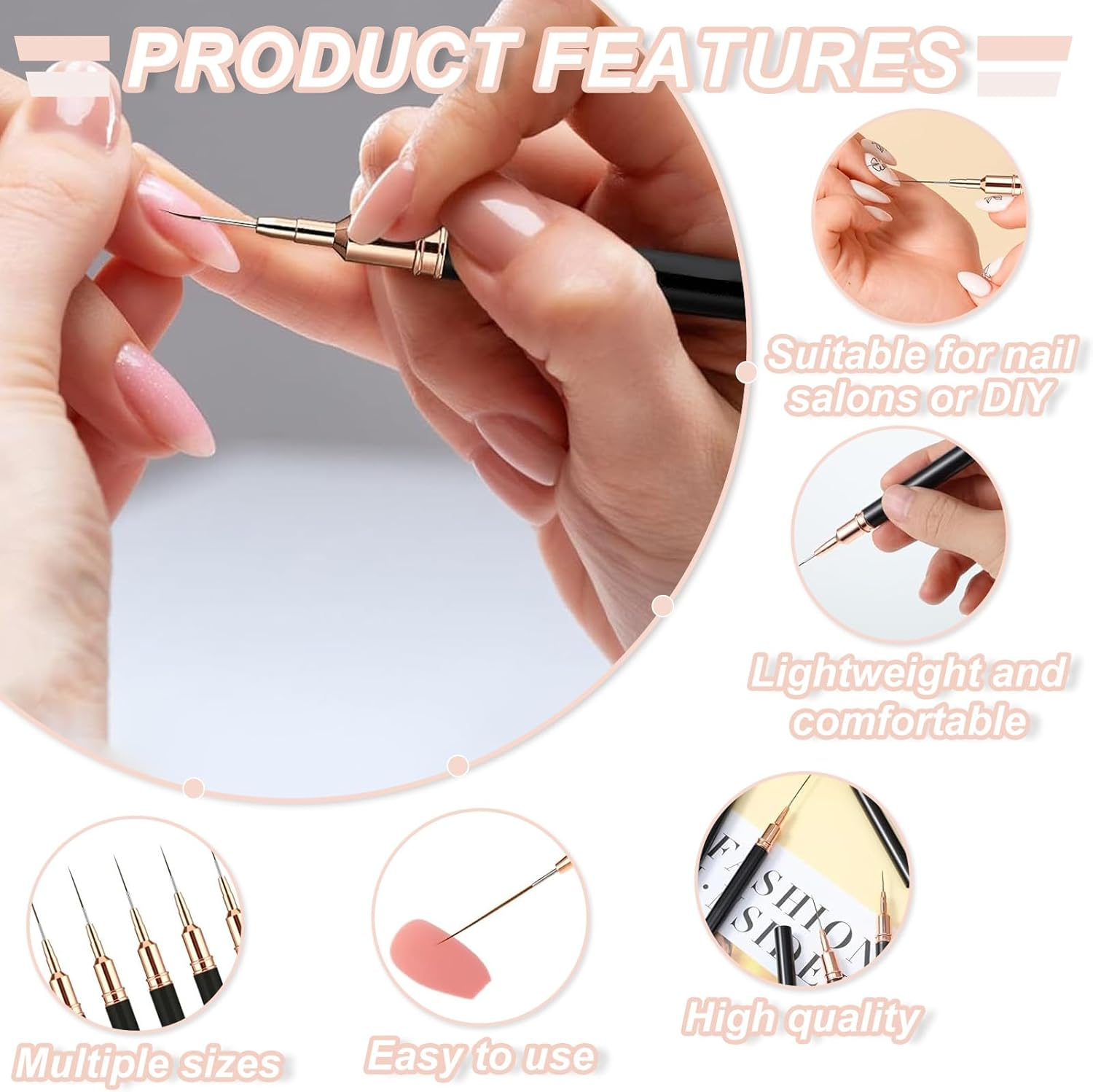 AABDTYYD 5 Pcs Premium Fine Line Nail Art Brushes Set,Professional Liner Brush Nail Tools for Expert Lining and Intricate Detailing,Featuring Multiple Sizes 4/8/12/20/25Mm,Black image number 6