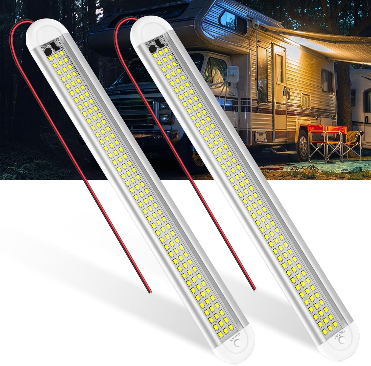 12V LED Interior Light Bar, 120 LED Strip Lights 1500LM 8W DC12-85 Volt for RV Interior, Cargo Trailer Lights with Switch for Enclosed Trailer Boat Car Van Truck Camper Lorry Motorhome[4Pack] image number 2