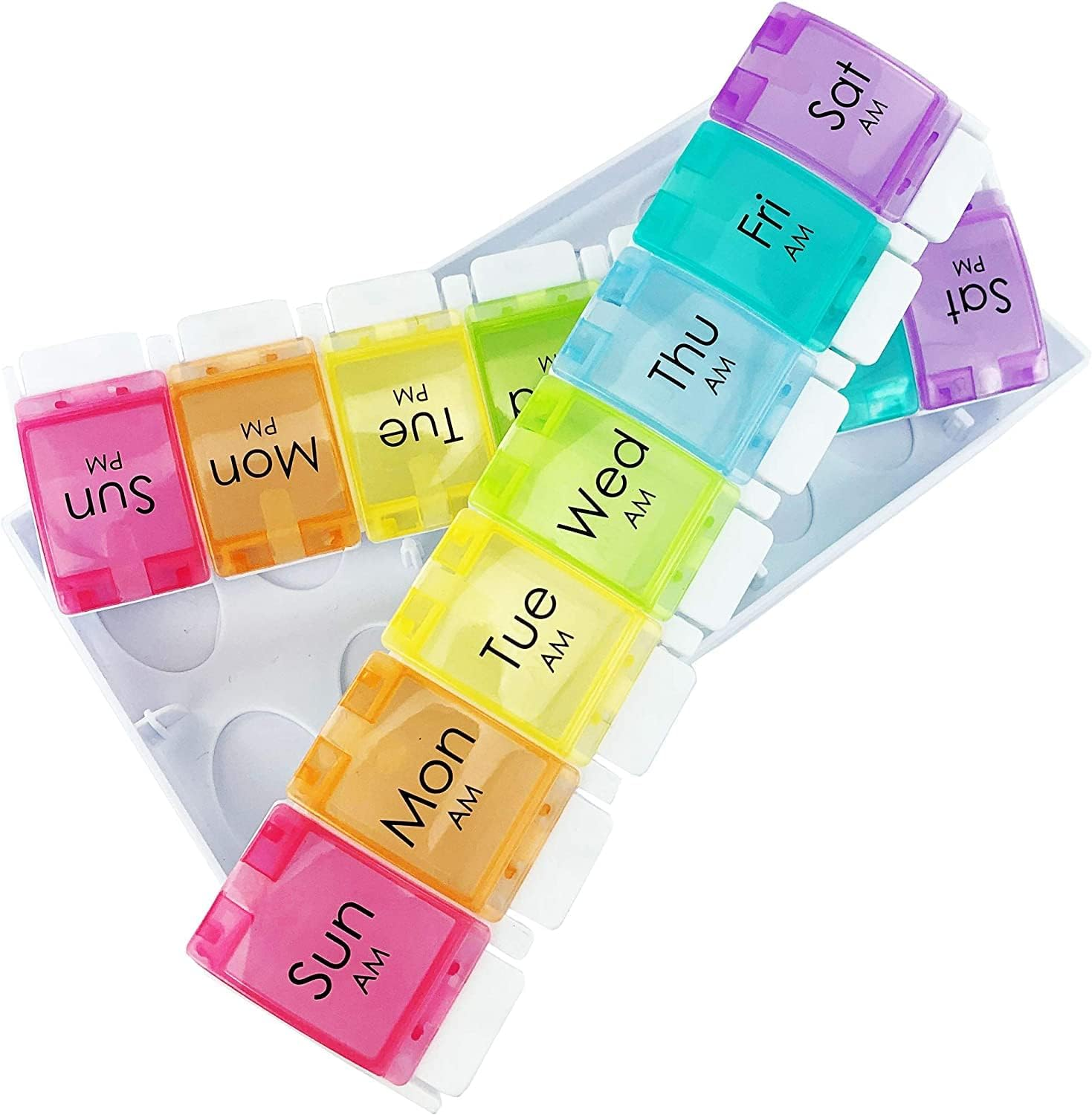 AM PM Weekly 7 Day Pill Organizer (Twice-A-Day)， Large Daily Pill Cases with Easy Push Button Design for Pills/Vitamin/Fish Oil/Supplements - Rainbow image number 4