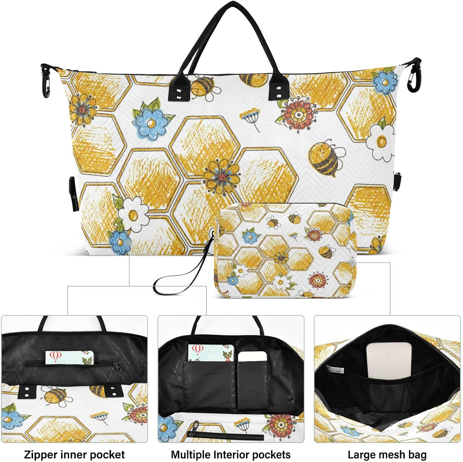 Luggage Travel Bag Weekender Duffel Bag Bees Happy Good Luck and Floral Honeycomb Flower Sports Gym Tote Bag With, Bees Happy Good Luck and Floral Honeycomb Flower, Set of 2, Art Deco image number 3