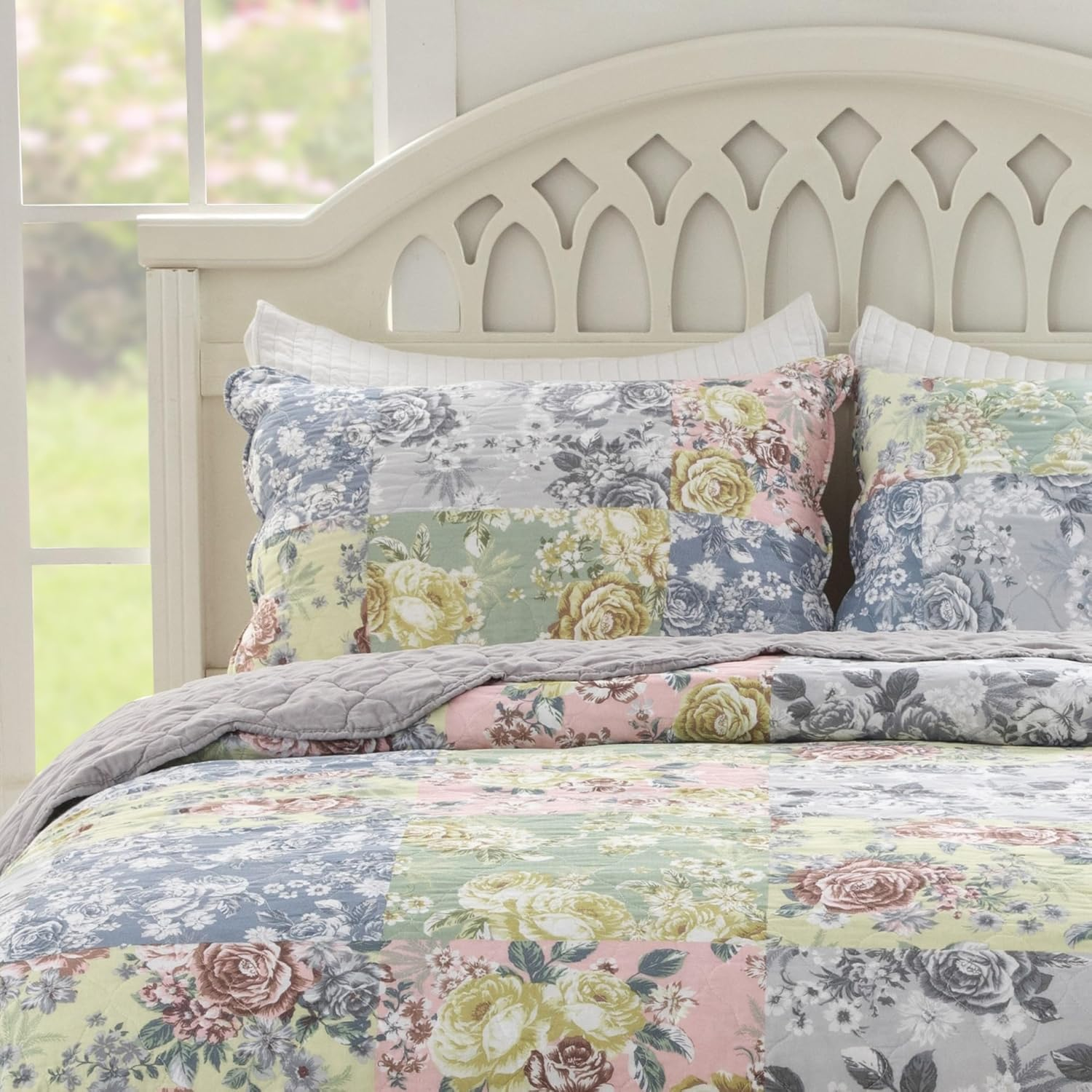 Greenland Home Emma Floral Patchwork Quilted Reversible Pillow Sham, Standard 20X26-Inch, Gray image number 6