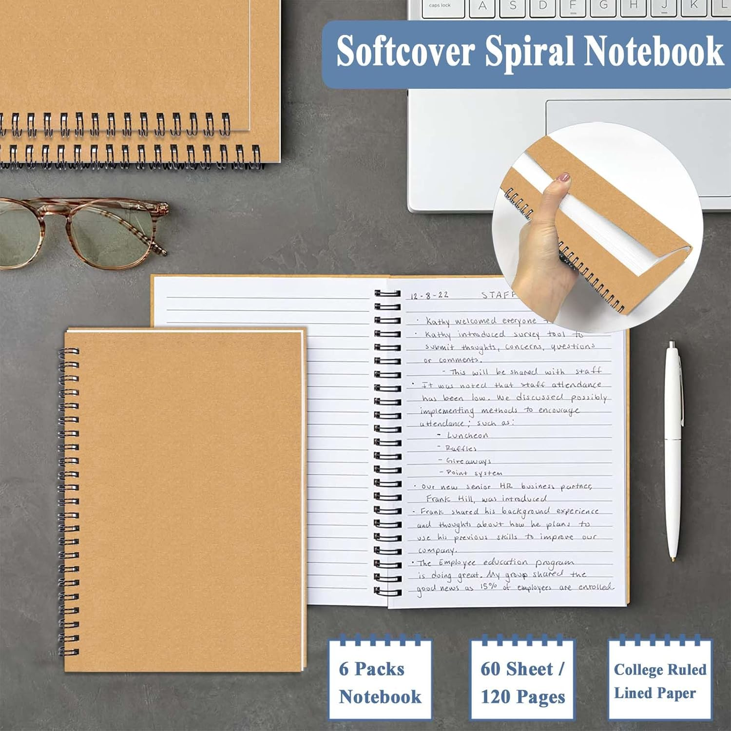 6-Pack Spiral Notebook A5, 70Gsm 120 Pages 8Mm Lined 21X14.5Cm Assorted Colors Soft Cover Kraft Spiral Journals A5 Notebook Side Opening Notepad for Home Office Project Writing School Gifts - 6Pcs In Black  Brown (3 Of Each) image number 6